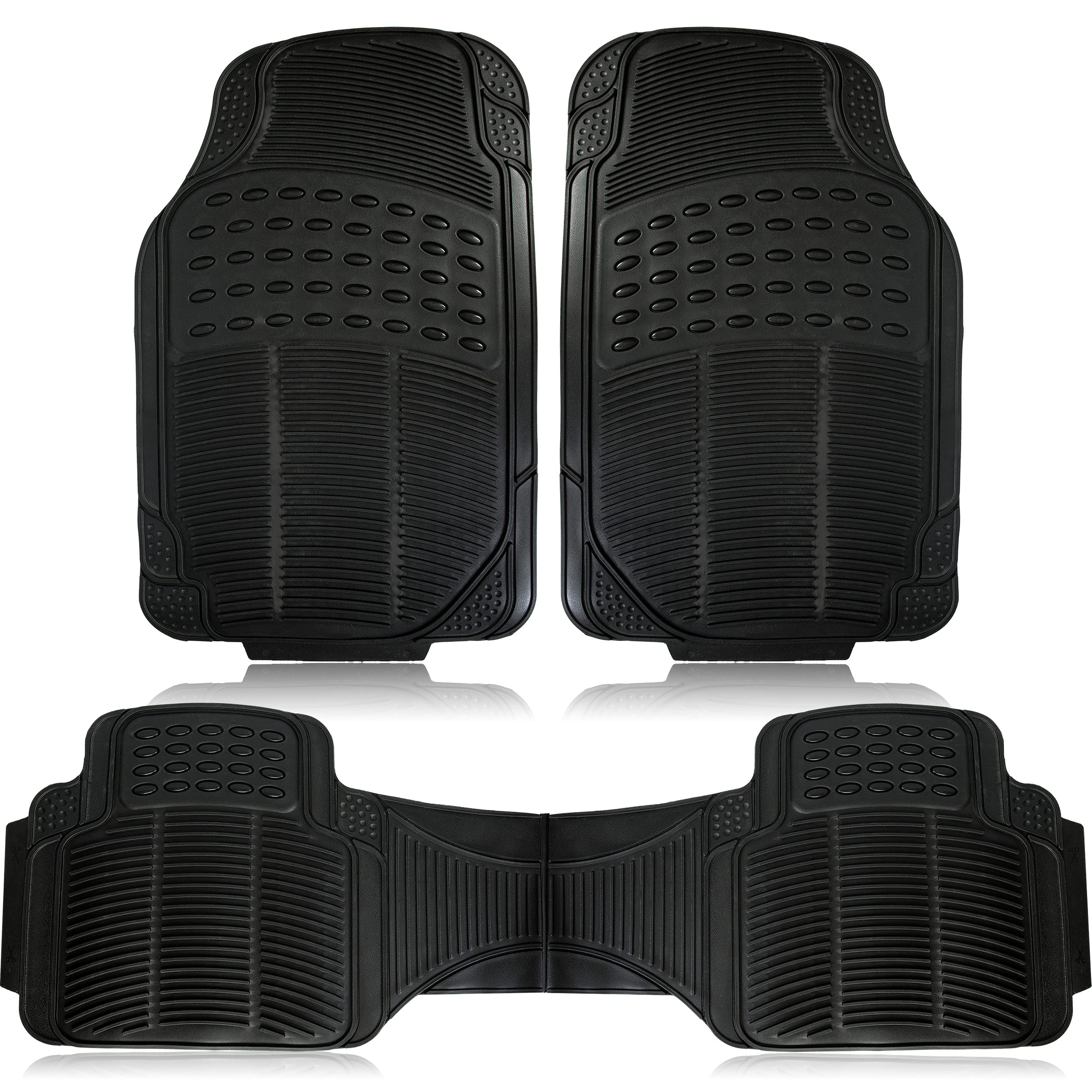 Zonetech All Weather Rubber Car Interior Floor Mats 3-Piece Trimmable Waterproof Odorless Black Heavy Duty Universal Fit