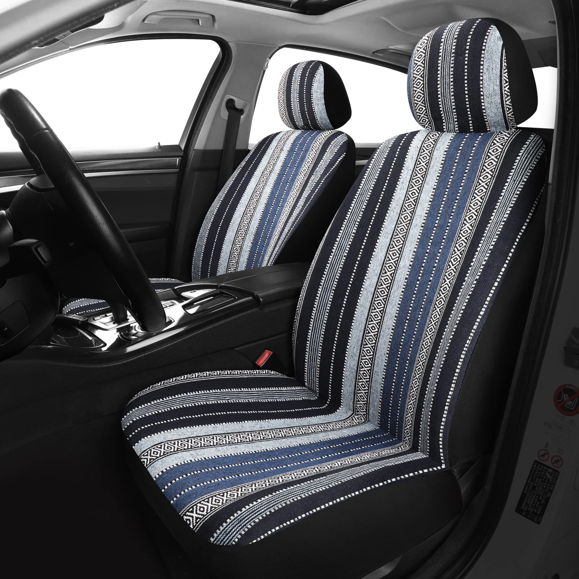 Pariitadin Baja Saddle Blanket Car Seat Covers Front Set With Seat Belt Pads, Washable Breathable Striped Woven Cloth Seat Cover