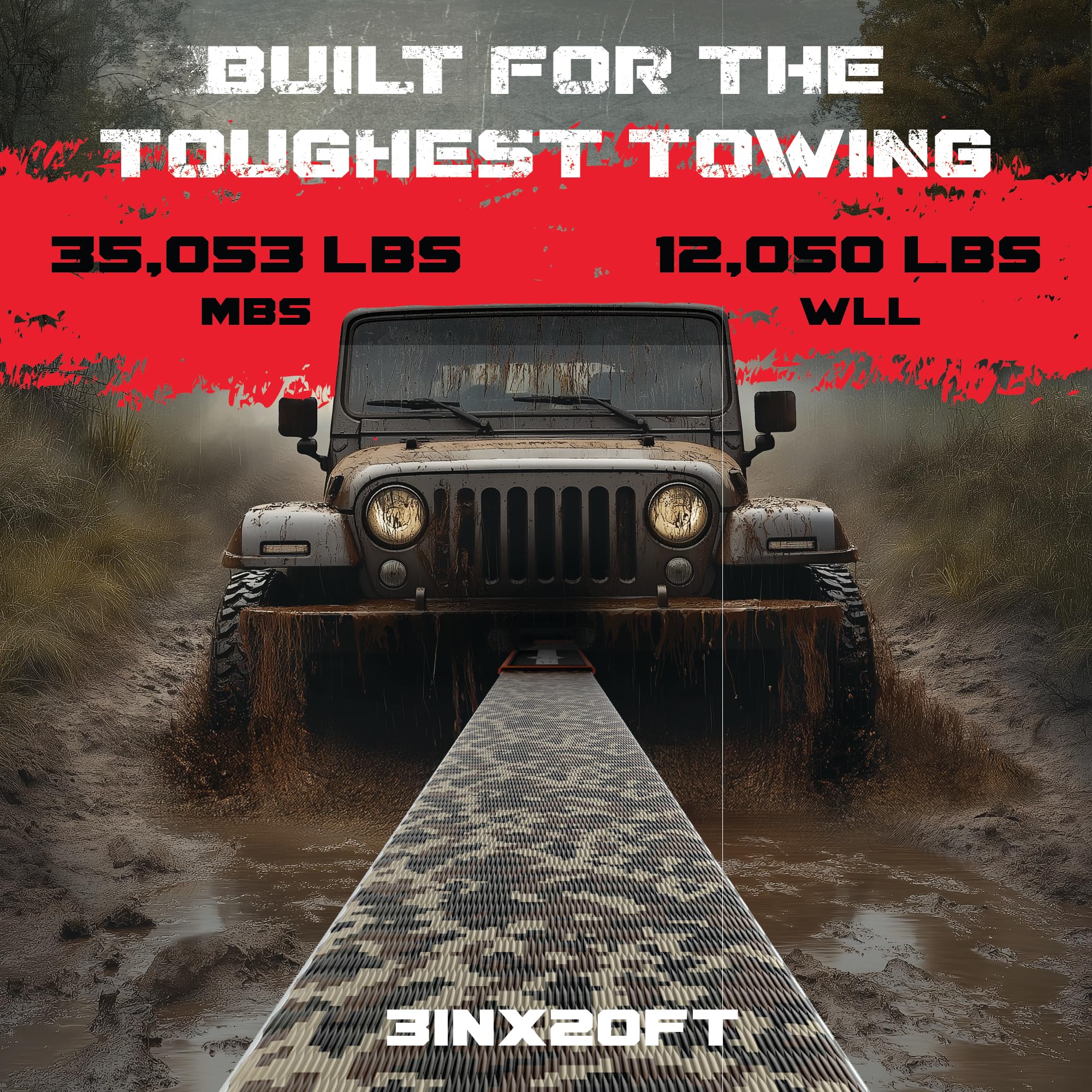 Gearamerica 3''X8' Heavy Duty Tree Saver Towing Sling - Winch Harness With 35,053 Lbs Break Strength - Recovery Rope For Offroad