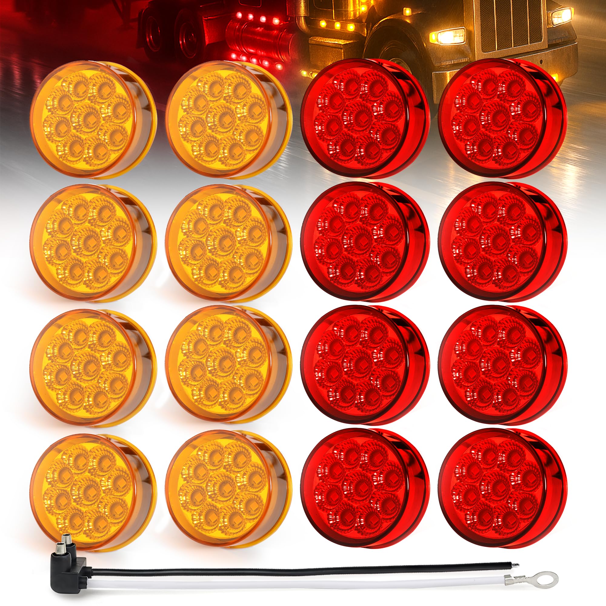 MADCATZ 16Pcs 2 Inch Round 8 Amber + 8 Red LED Side Marker Lights 9LEDs Reflectors with 2 Prong Pigtail Sealed Waterproof 12V fo