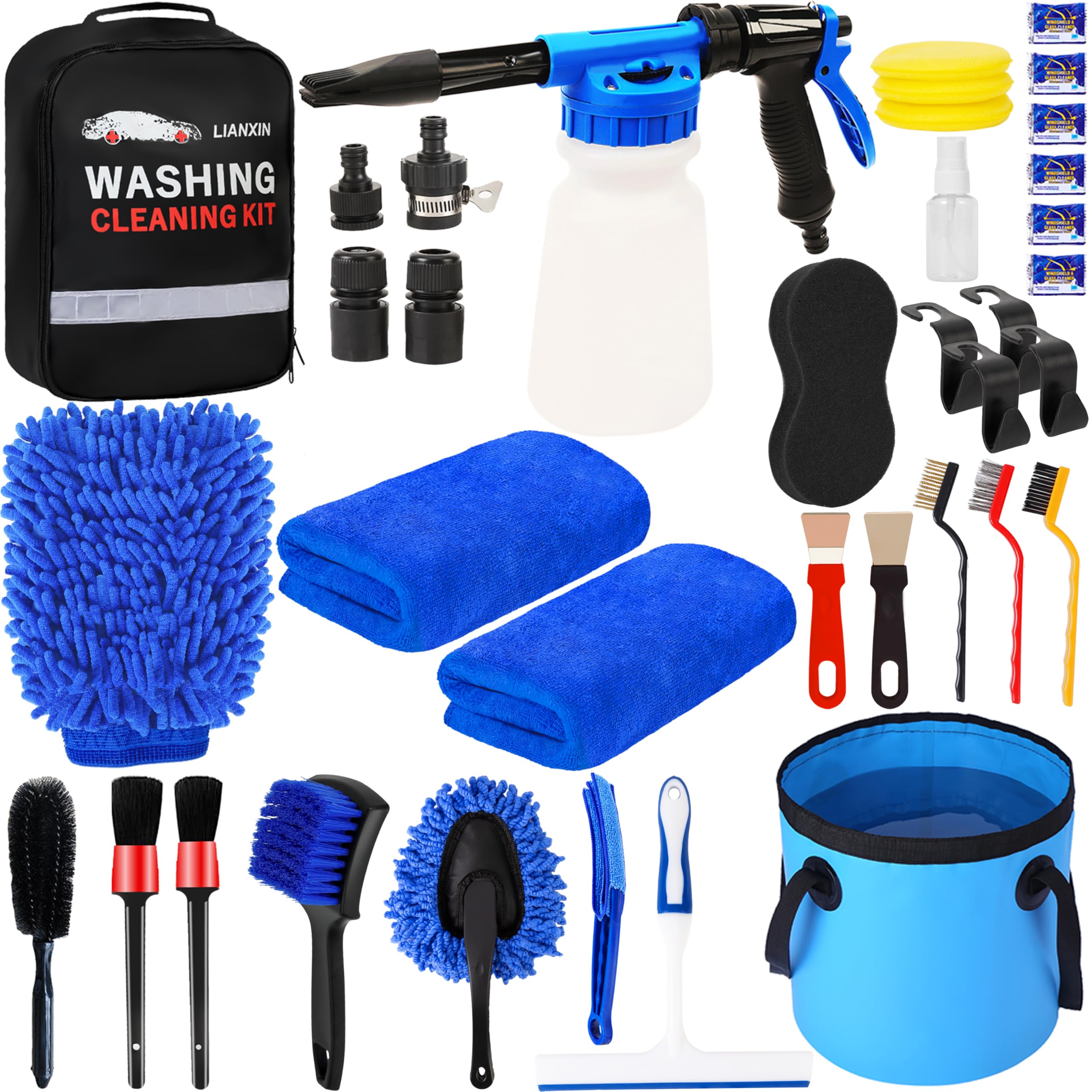 Lianxin 37Pcs Car Wash Detailing Kit Cleaning Kits With Foam Gun Sprayer Bucket Towels Tire Brush Wash Mitt Sponge Duster Brush