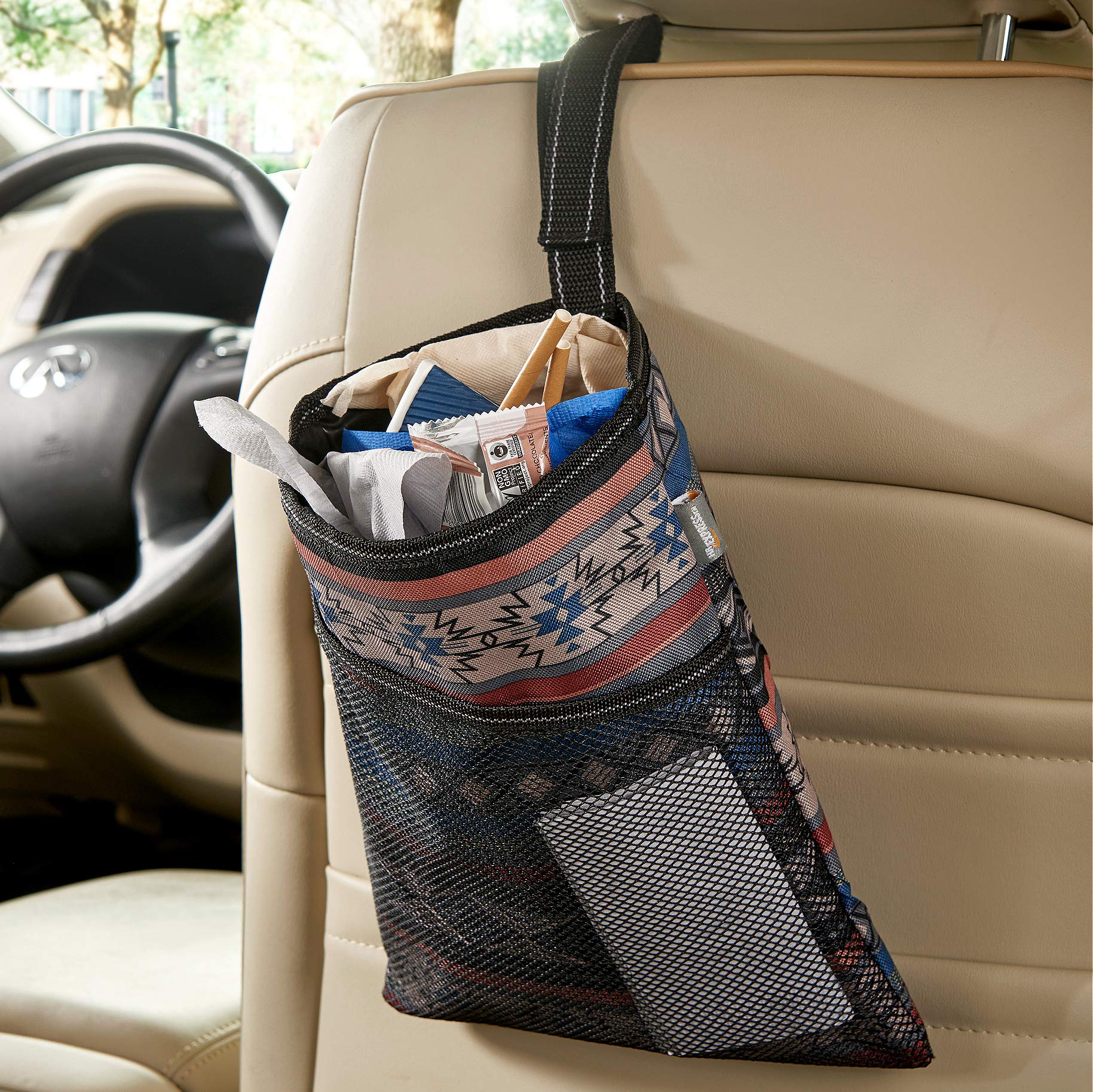 High Road Hanging Car Trash Bag with Waterproof Leakproof Liner, Storage Pocket and Adjustable Strap to Hang in the Front or Bac