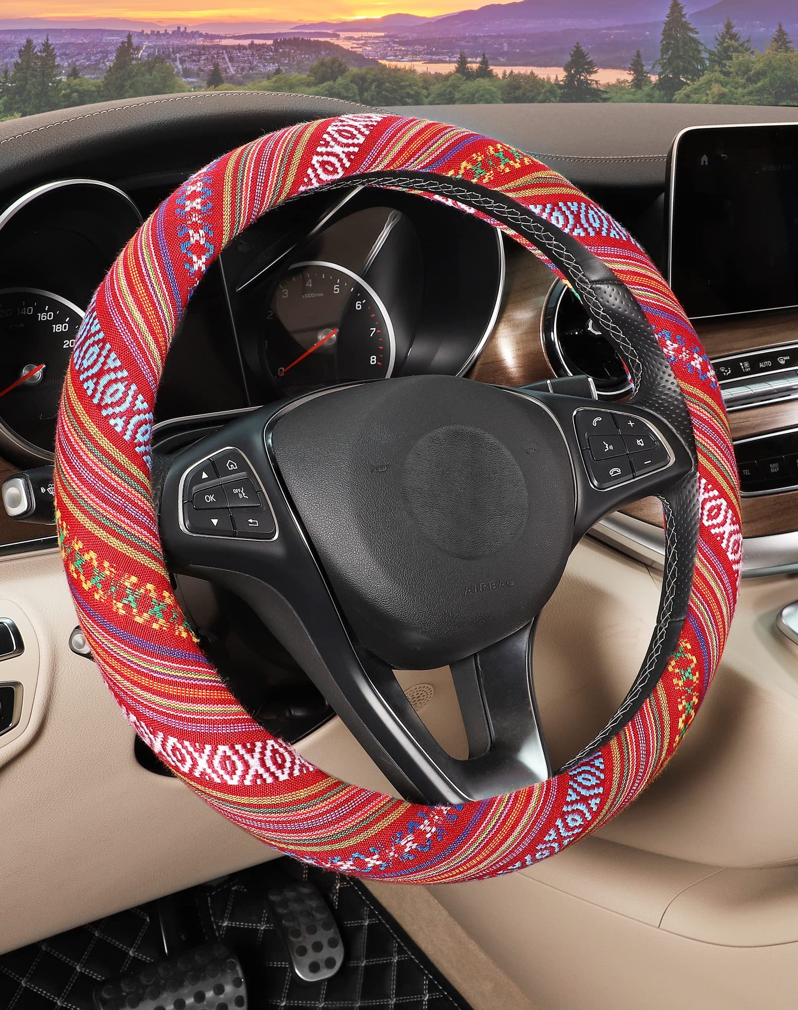 Seg Direct Boho Steering Wheel Cover With Baja Blanket Cloth, Ethnic Style Auto Wheel Cover Made Of Coarse Flax, Fits 14 1/2-15