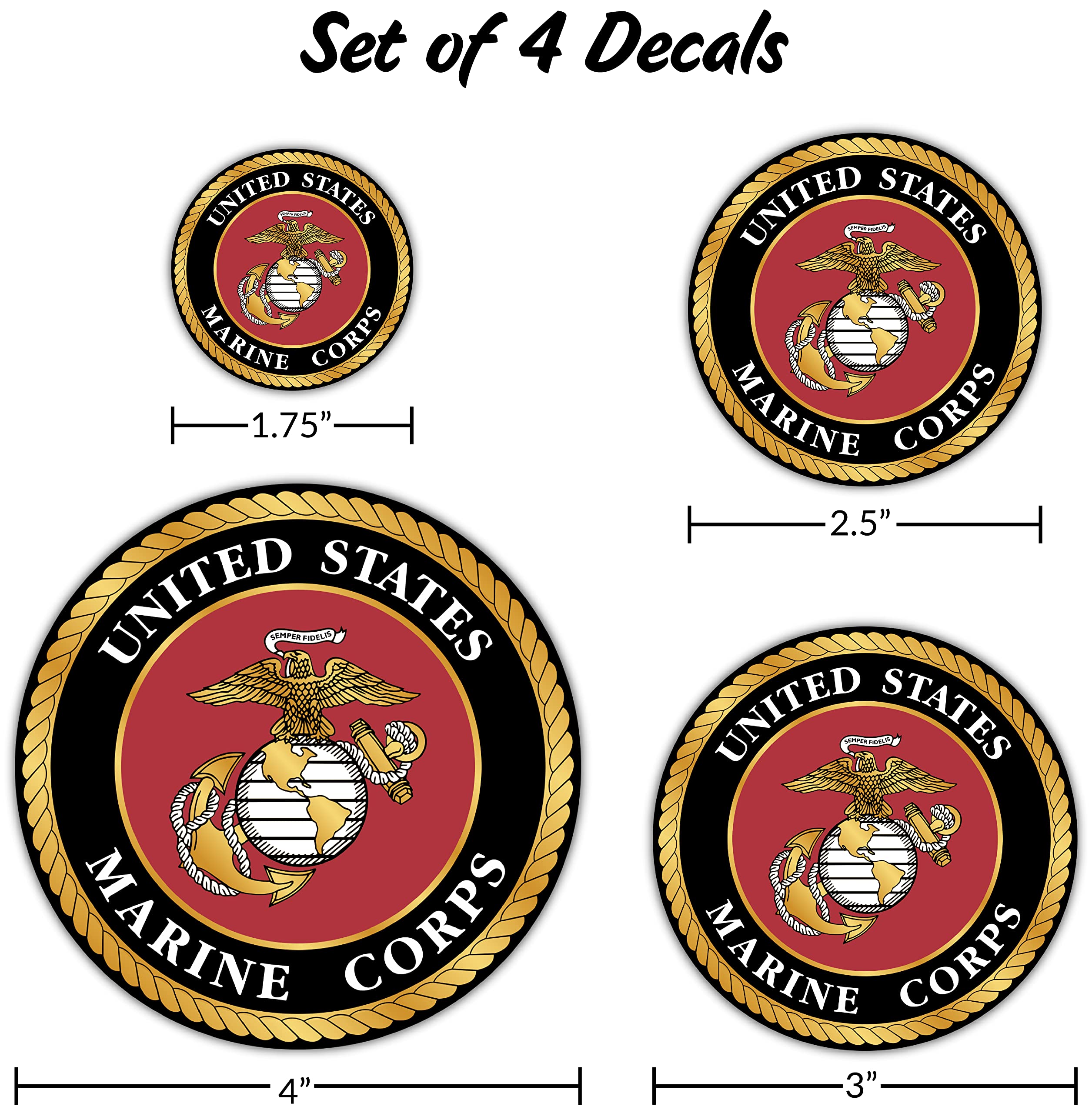 Decalcomania - 4 Piece Us Marine Corps Logo Decals - Usmc Military Stickers For Truck Car Phone Tablet Laptop - 1.75'' To 4'' Ma