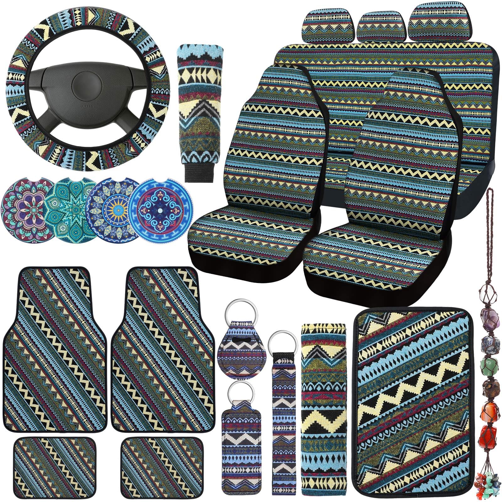 Frienda Baja Car Seat Covers Full Set Multicolor Stripe Car Seat Covers Boho Print Steering Wheel Cover Seat Belt Cover Crystal