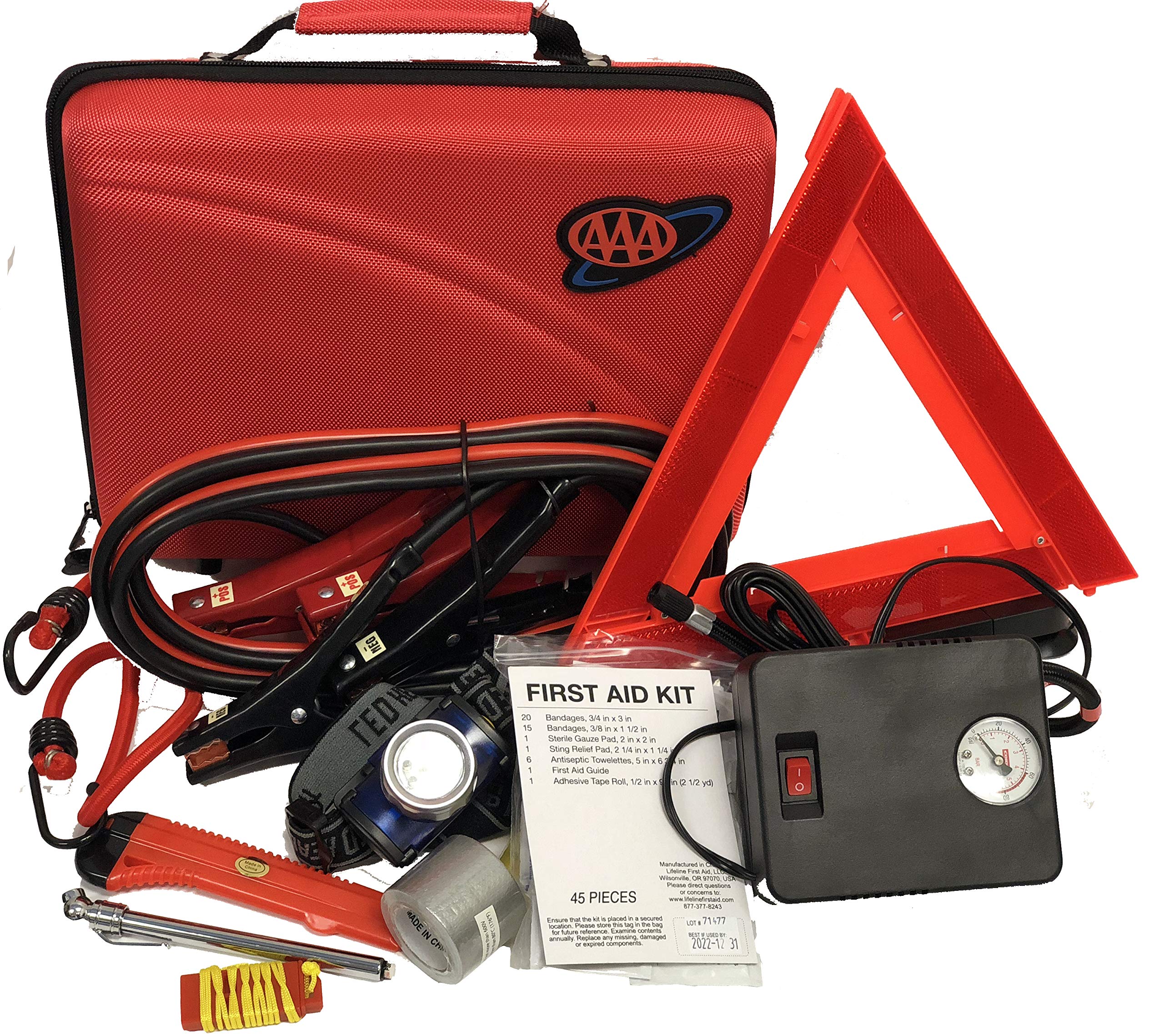 Lifeline AAA 4365AAA Destination Road, 68 Piece Emergency Car Tire Inflator, Jumper Cables, Headlamp, Warning Triangle and First