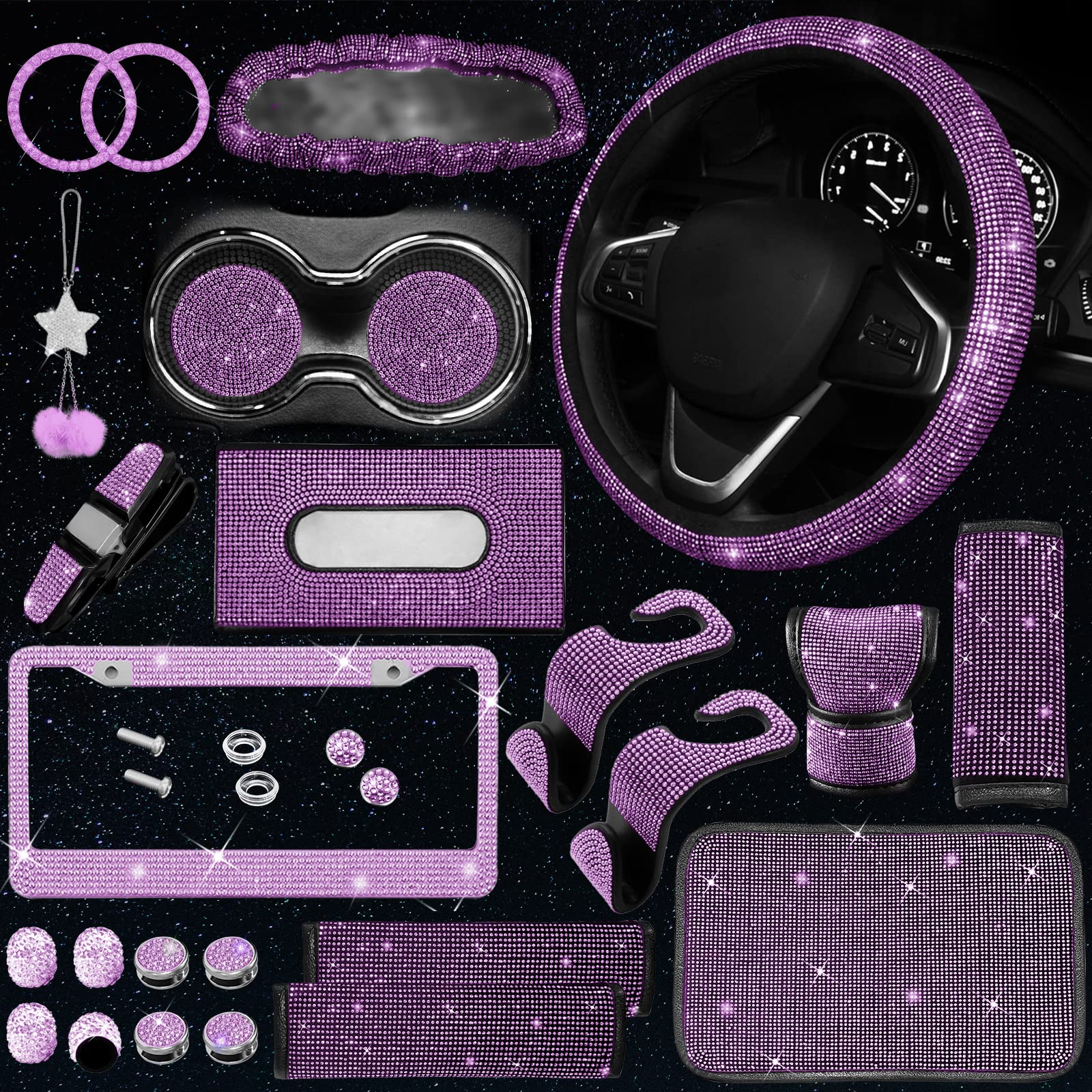 25Pcs Bling Car Parts Set,Bling Car Parts Set Female Universal Fit 15 Inches,Bling Iicense Plate Frame,Bling Center Console Cove