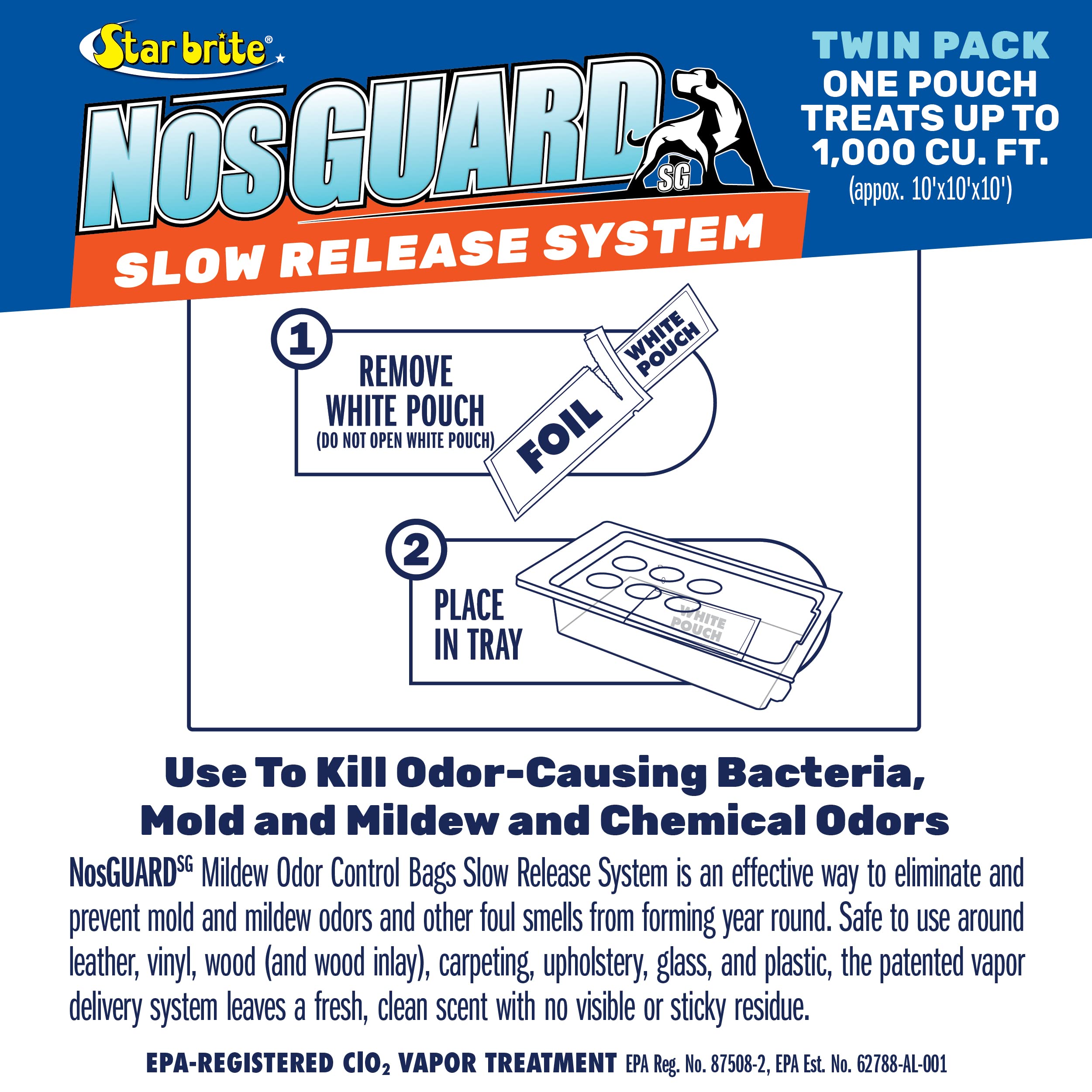 STAR BRITE NosGUARD SG Mildew Odor Control Bags (Twin Pack) Slow-Release System, Kill Odor Causing Bacteria, Mold & Mildew - Ide