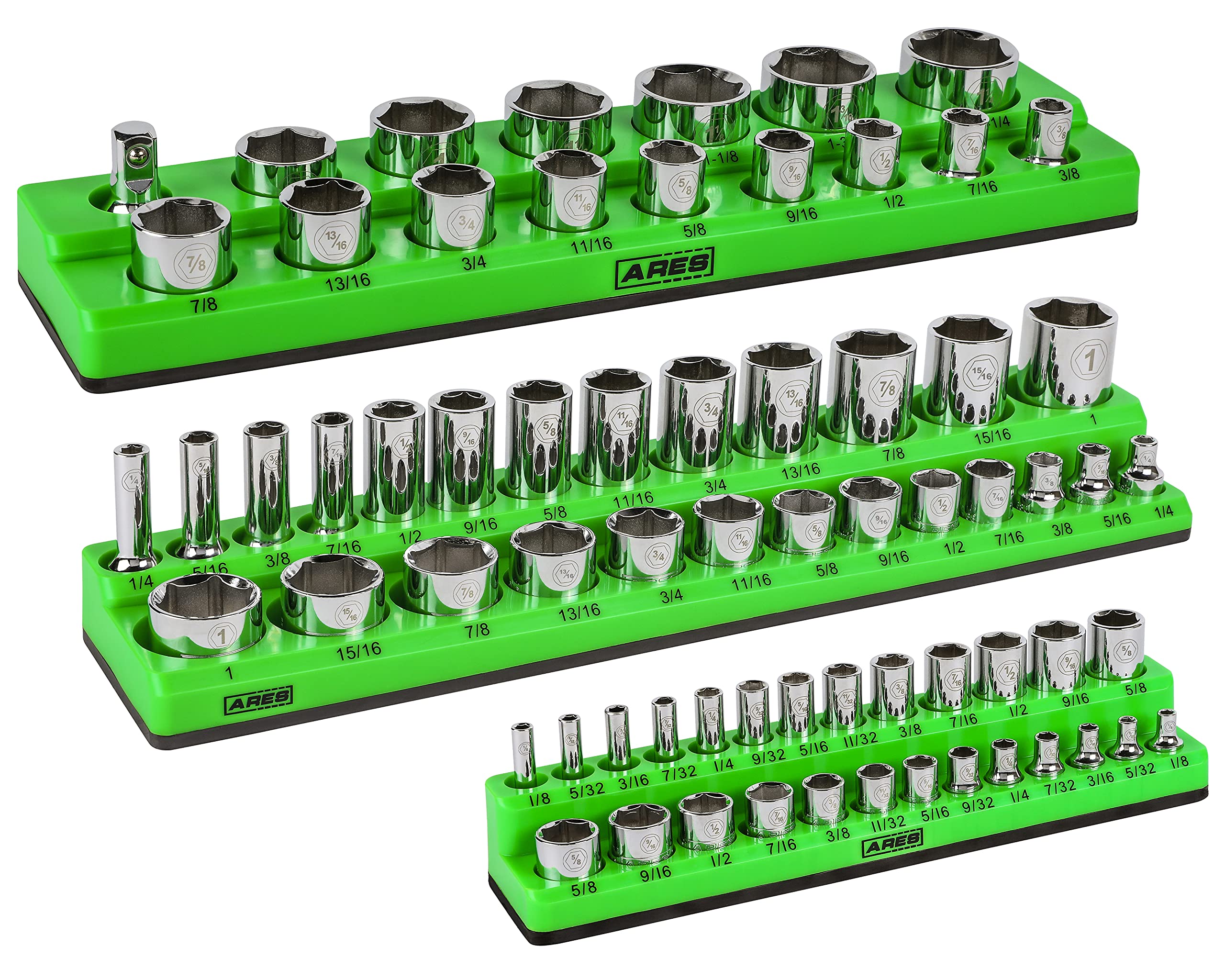 ARES 60037-3-Piece SAE Magnetic Socket Organizers Set - GREEN - Includes 1/4 in, 3/8 in, 1/2 in Socket Holders - Holds 68 Standa
