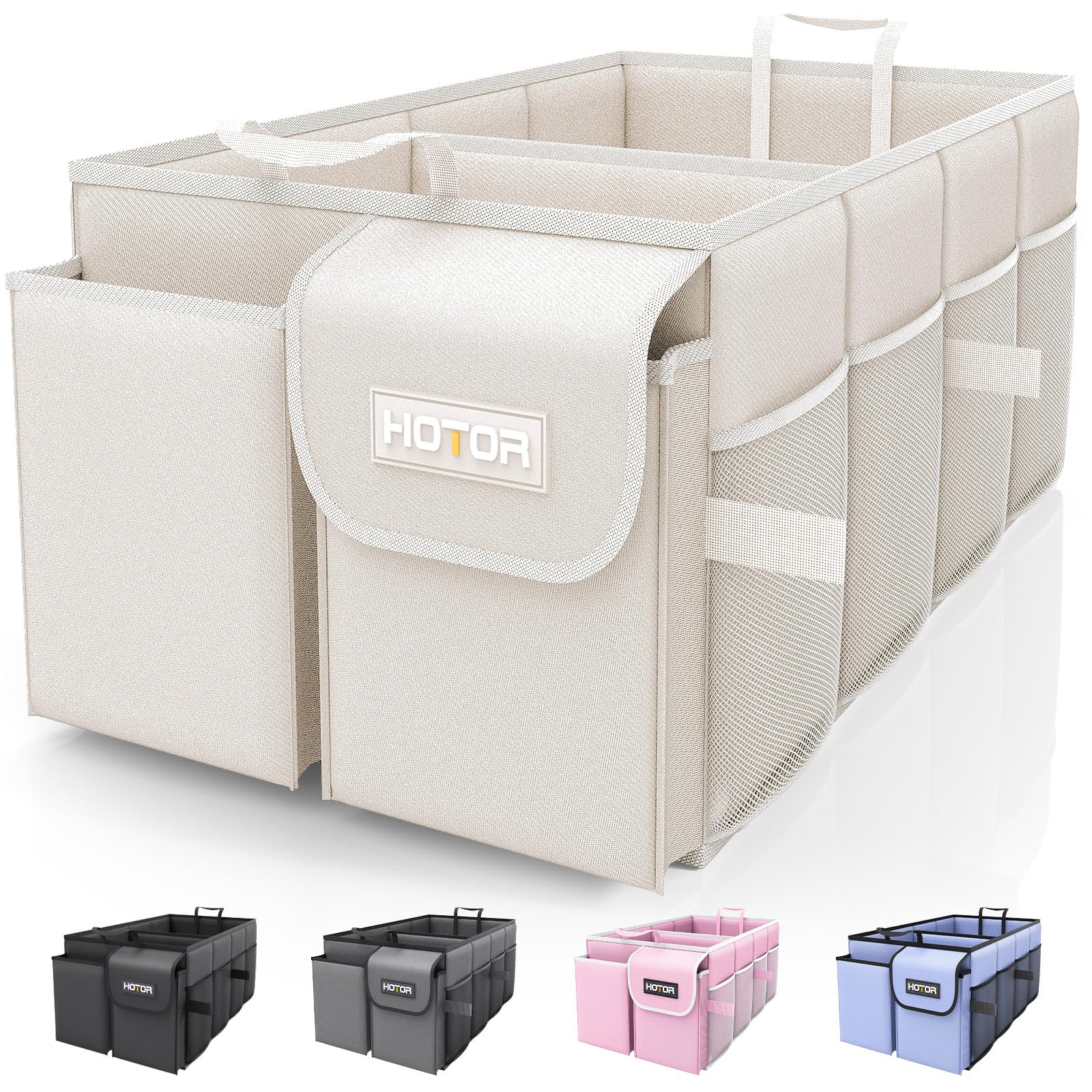 Hotor Trunk Organizer - Foldable Car Storage For Suvs & Sedans, Sturdy Organization For Accessories, Tools, Sundries, Beige, 2 C