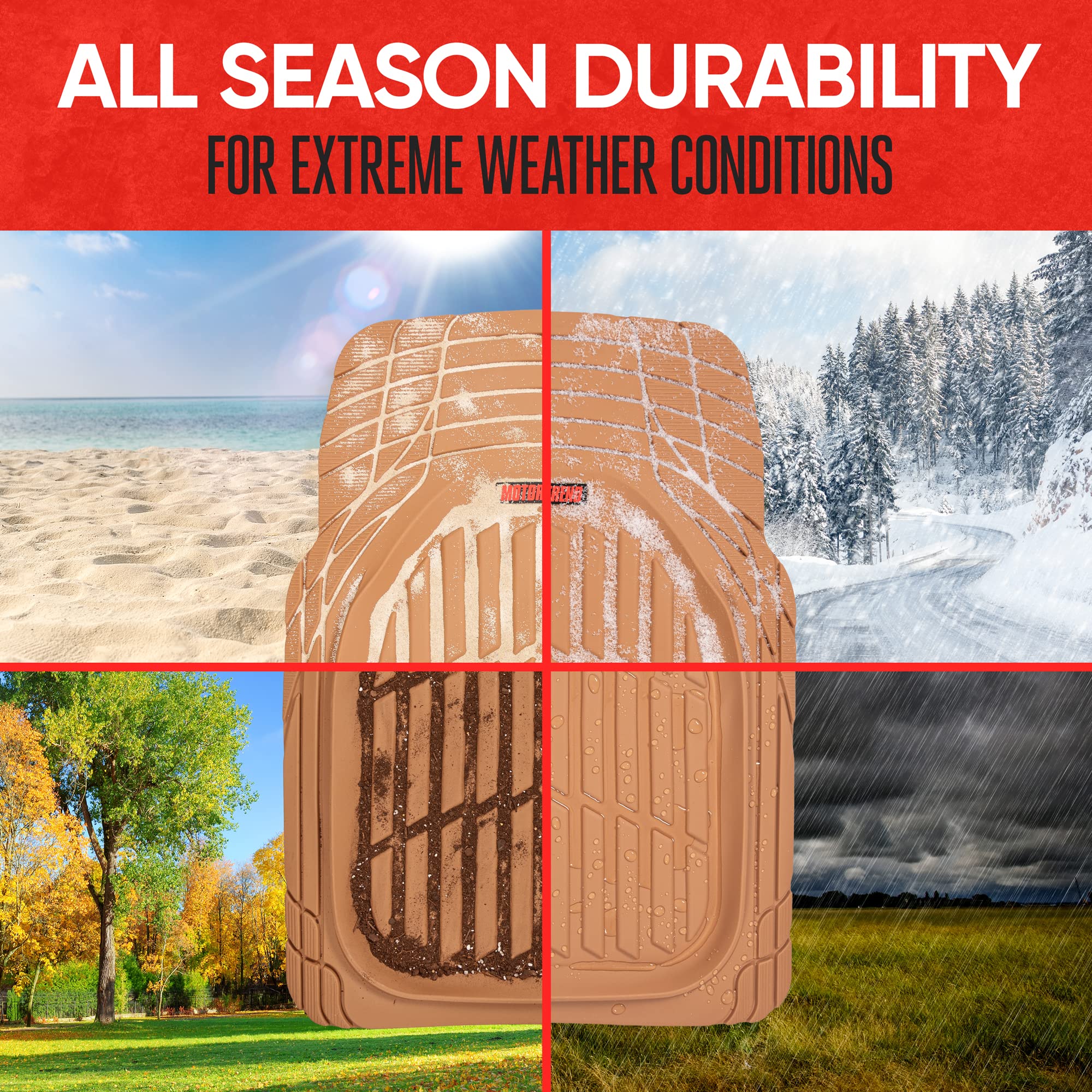 Motor Trend - MT-921-BG Flextough Tortoise - Heavy Duty Rubber Floor Mats for Car SUV Van & Truck - All Weather Protection - Deep Dish (Tan Beige)