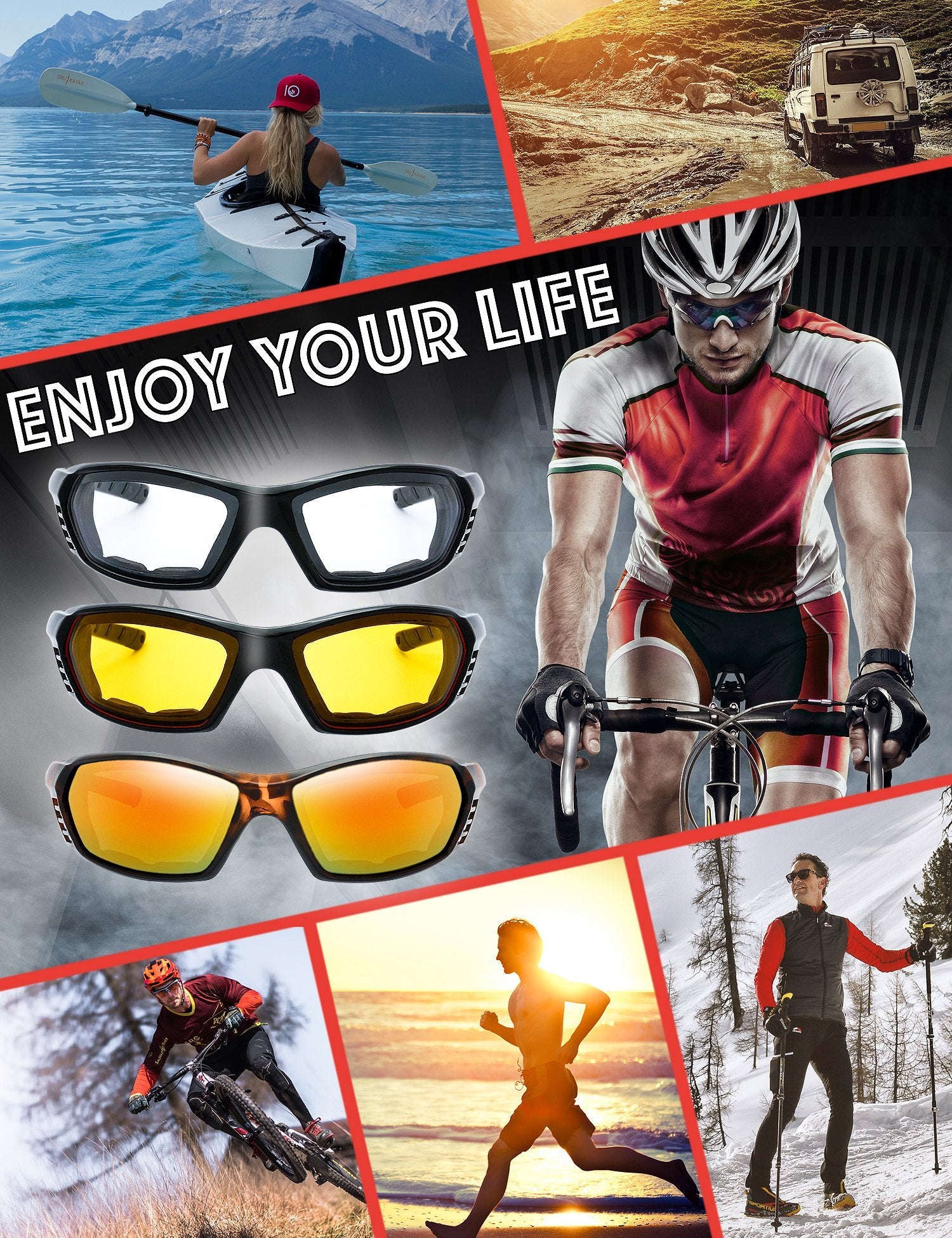 3 Pairs Motorcycle Riding Glasses Padded Frame Lens Block 100% Uvb For Outdoor Activity Sport (7-Shiny Black/Tortoise, Clear, Ye