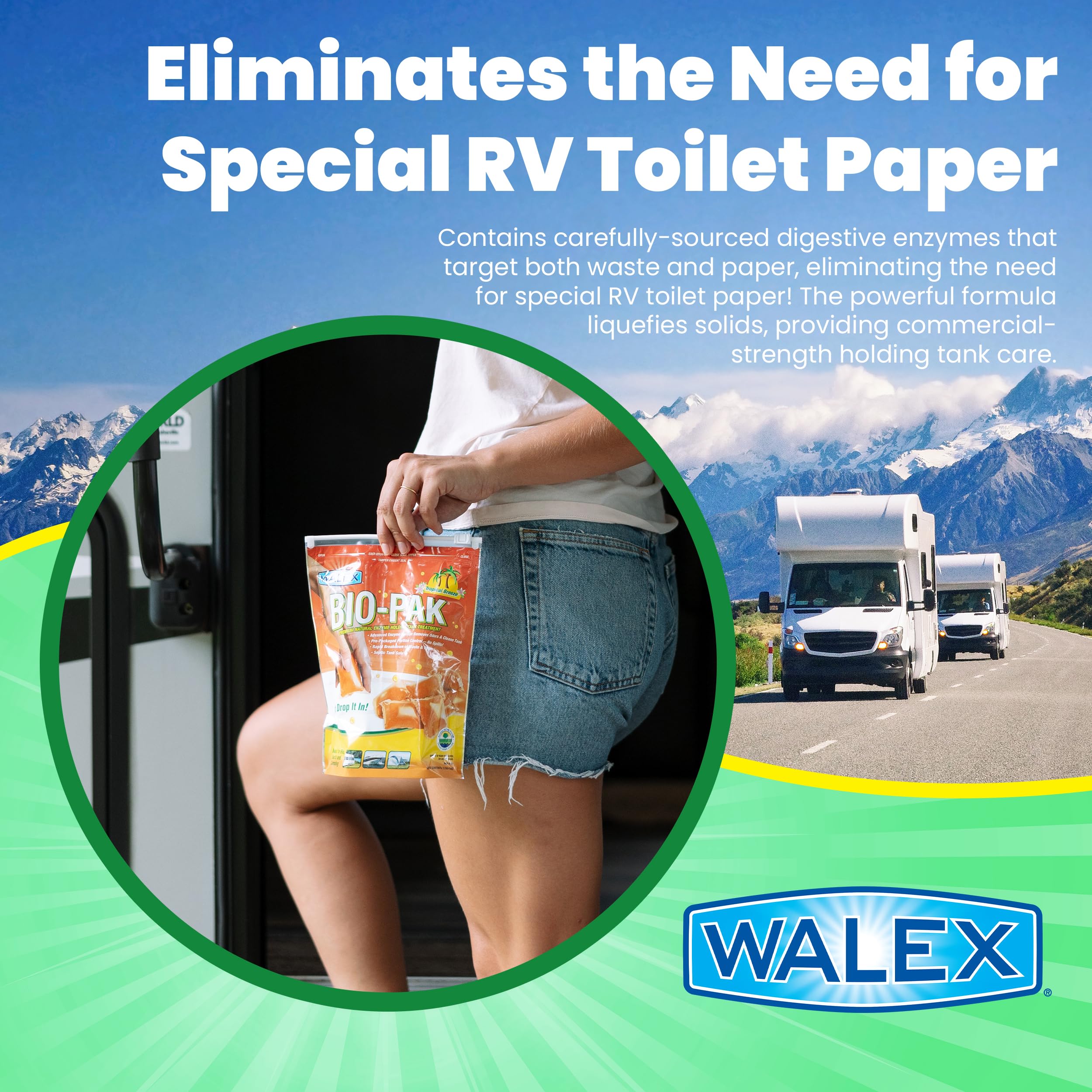 Walex Bio-Pak Black Holding Tank Deodorizer & Waste Digester Drop-Ins - Advanced Enzyme Formula For Rapid Breakdown Of Waste & Paper, Removes Odors & Cleans Tank; Tropical Breeze, 10-Pack