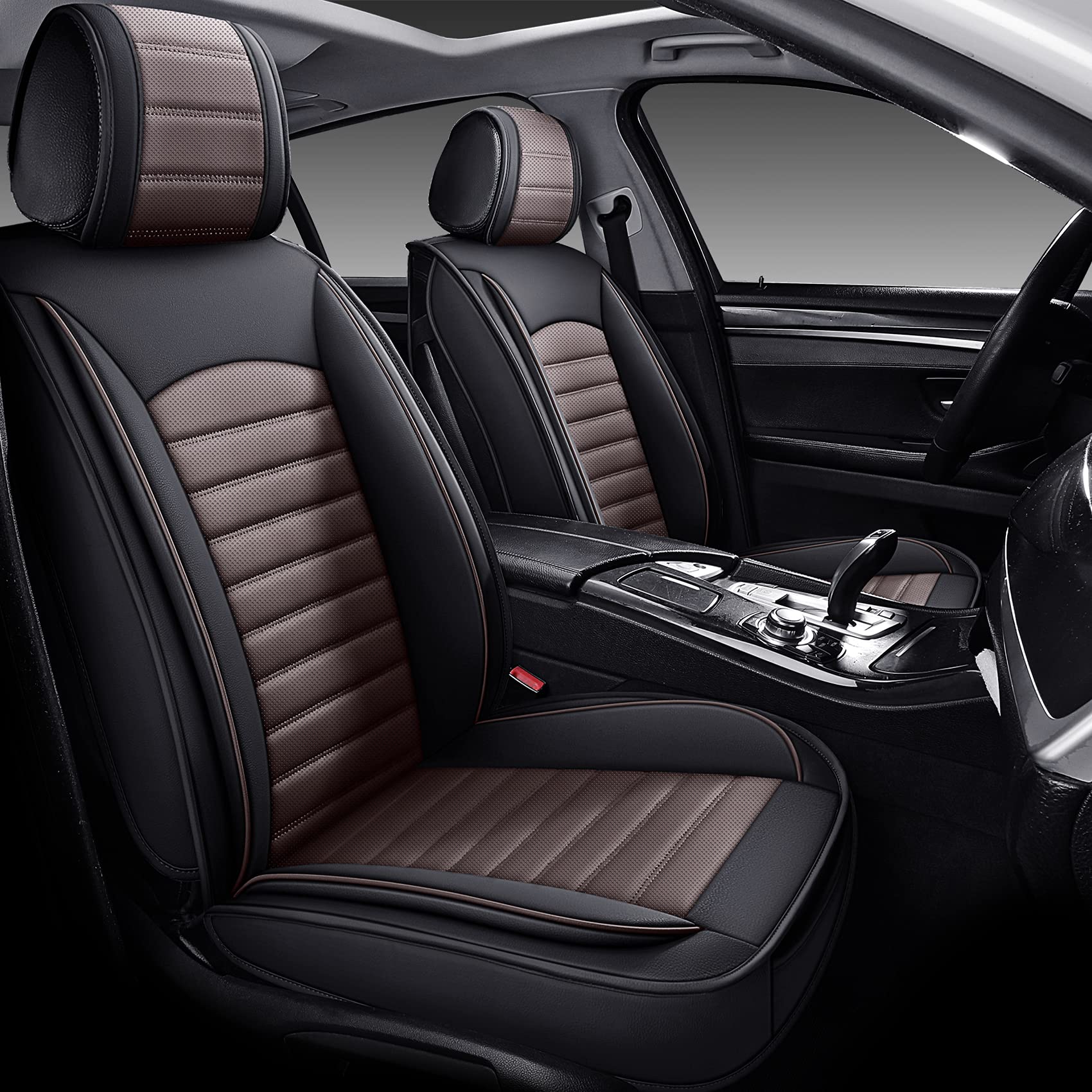 Omoka Auto Car Seat Covers With Waterproof Leather,Vehicle Cushion Cover For Cars Suv Sedan Pick-Up Truck Universal Fit Set For Most Cars(Black-Coffee, 5 Sets Full Seat)