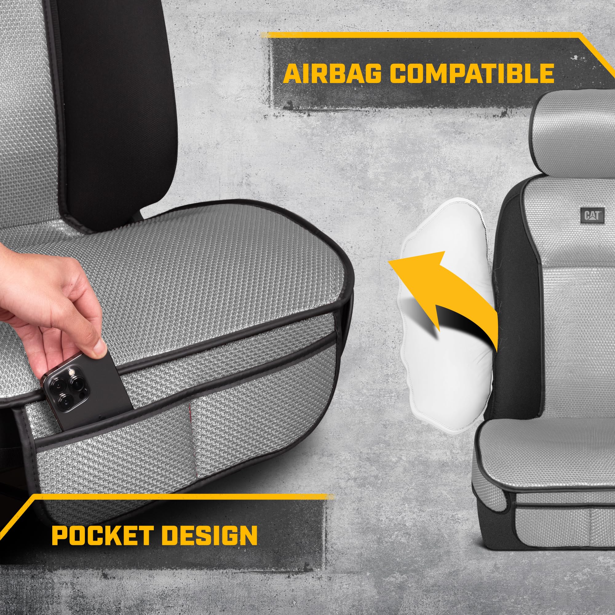 Caterpillar AeroMesh Gray Seat Covers for Trucks, Car, & SUV - (1) Front Truck Seat Cover Protector - Breathable Mesh Universal