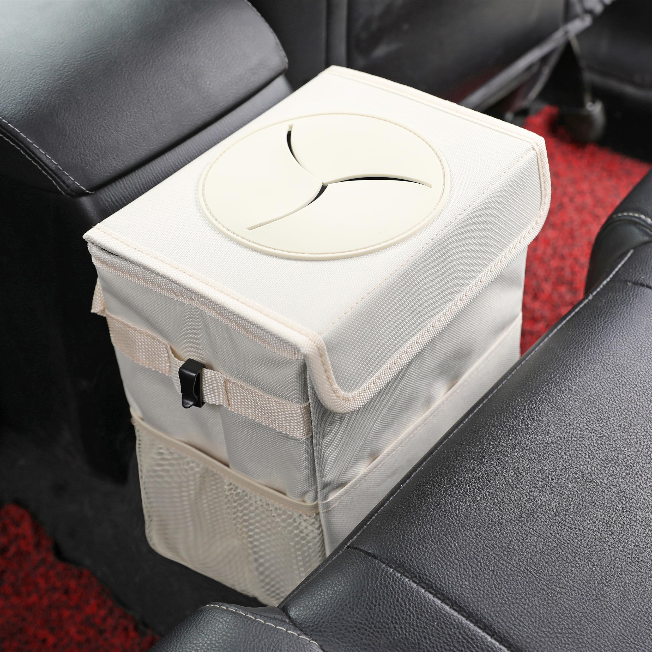 AOKJOY Car garbage can with lid Leak Proof Vehicle Trash Can 3 Storage Pockets Hanging Waterproof car trash bag for suv beige