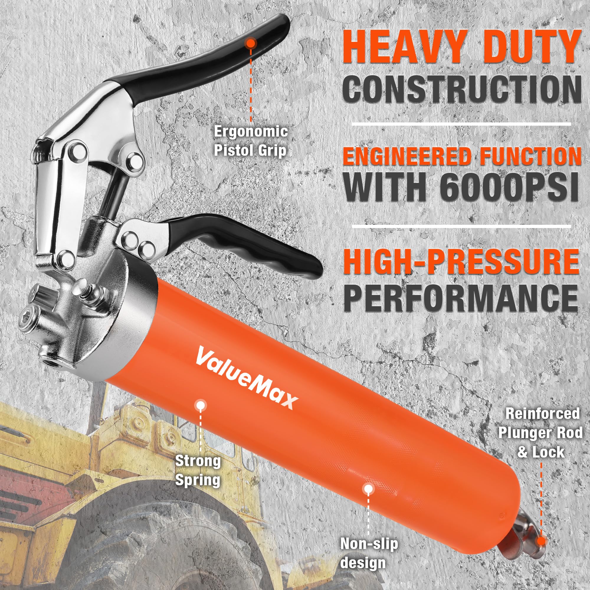 Valuemax Grease Gun, 6000Psi Heavy Duty Grease Gun Kit With 18Inch Flexible Hose, 2 Extension Rigid Pipe, 2 Reinforced Couplers