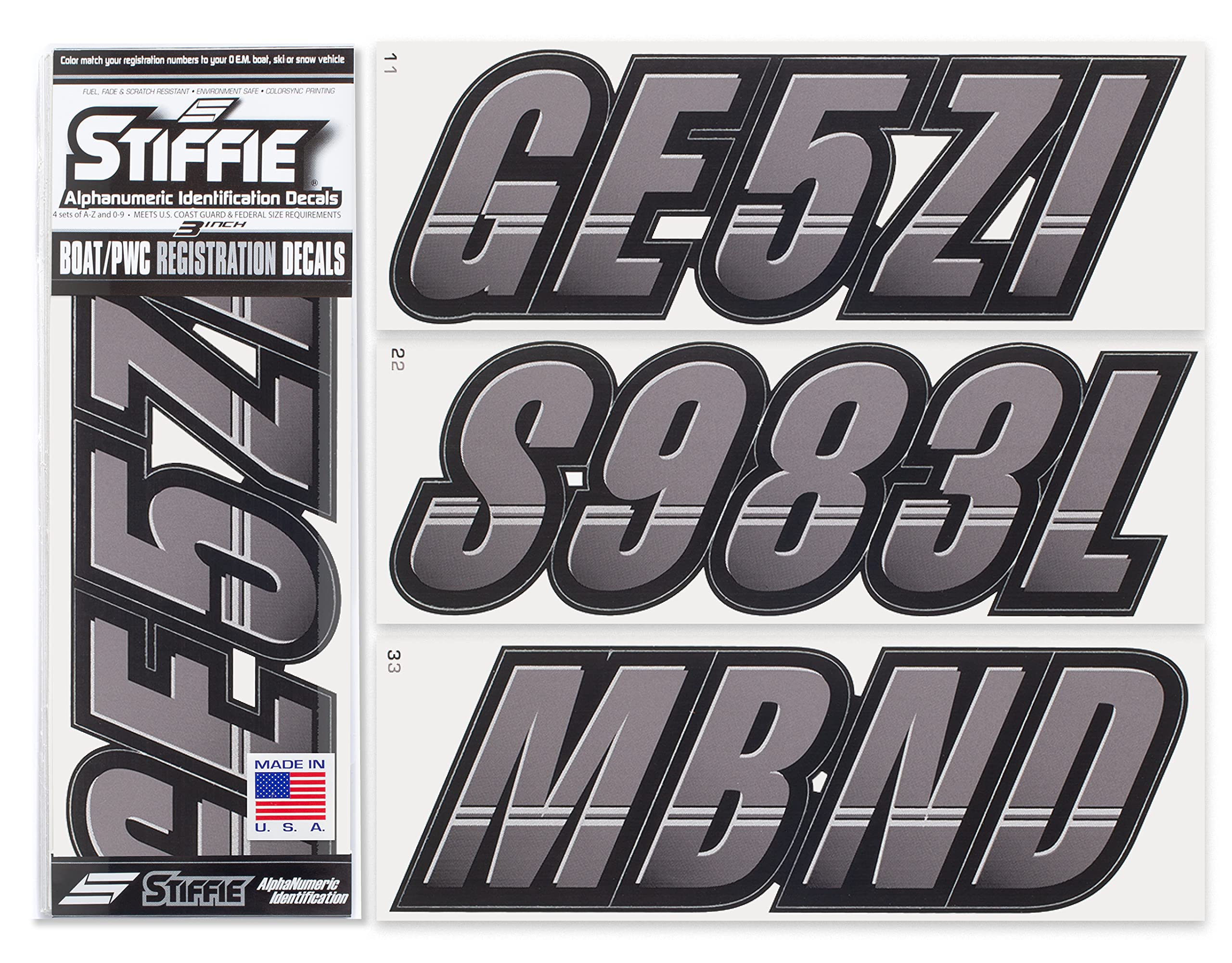 Stiffie Techtron Gunmetal/Black 3'' Boat & Pwc Registration Decals  Numbers Letters Stickers