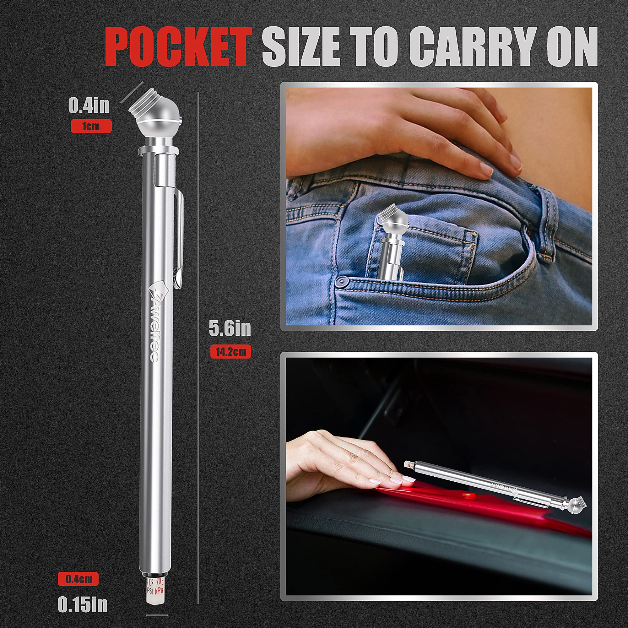 Aweltec Pencil Tire Pressure Gauge (10-75Psi) Stainless Steel Body And Metal Made Nozzle 3 Measurements For Cars, Pickups, Rvs,