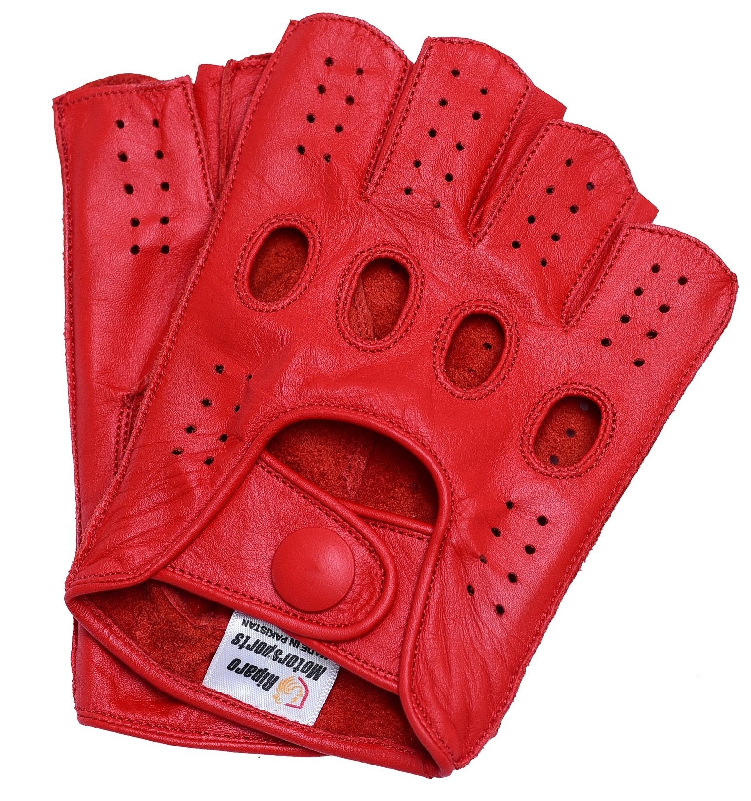 Riparo Mens Leather Reverse Stitched Fingerless Half-Finger Driving Motorcycle Gloves (Large, Red)