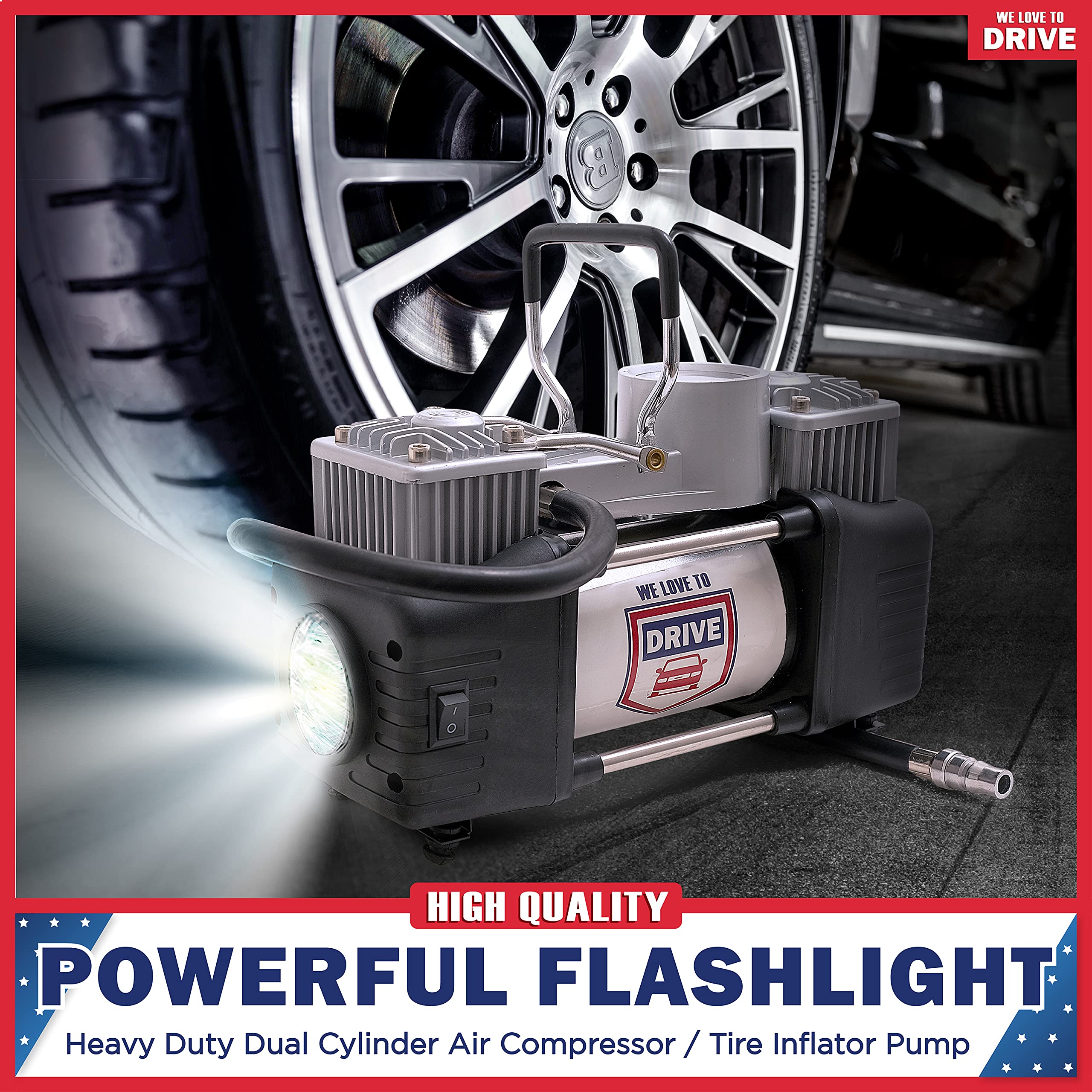 Tire Inflator Portable Air Compressor With Tire Repair Kit - 12V Dc Dual Cylinder Air Pump For Car Tires, 150 Psi Tire Pump With