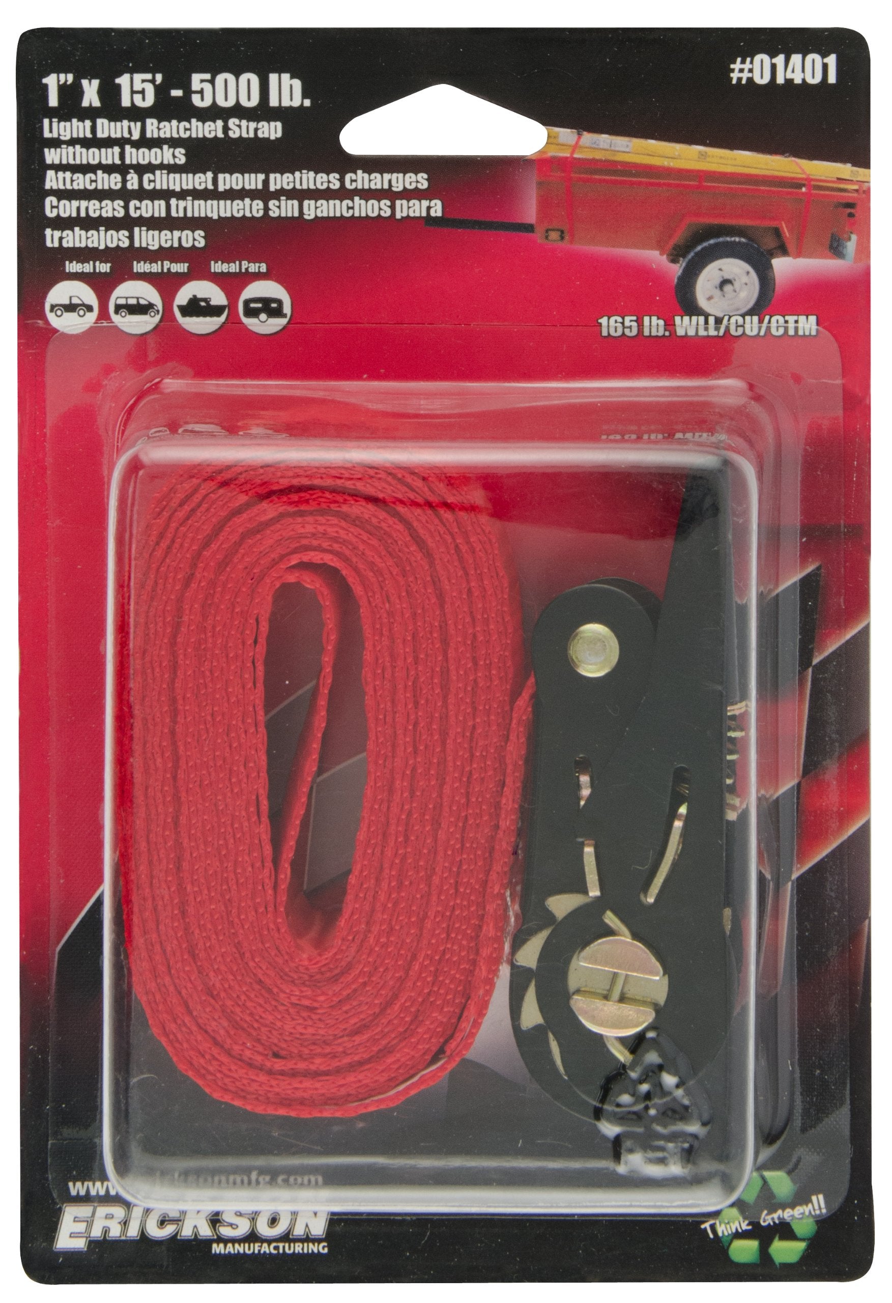 Erickson 01401 Red 1'' X 15' Motorcycle/Atv Ratchet Lashing Tie-Down Strap