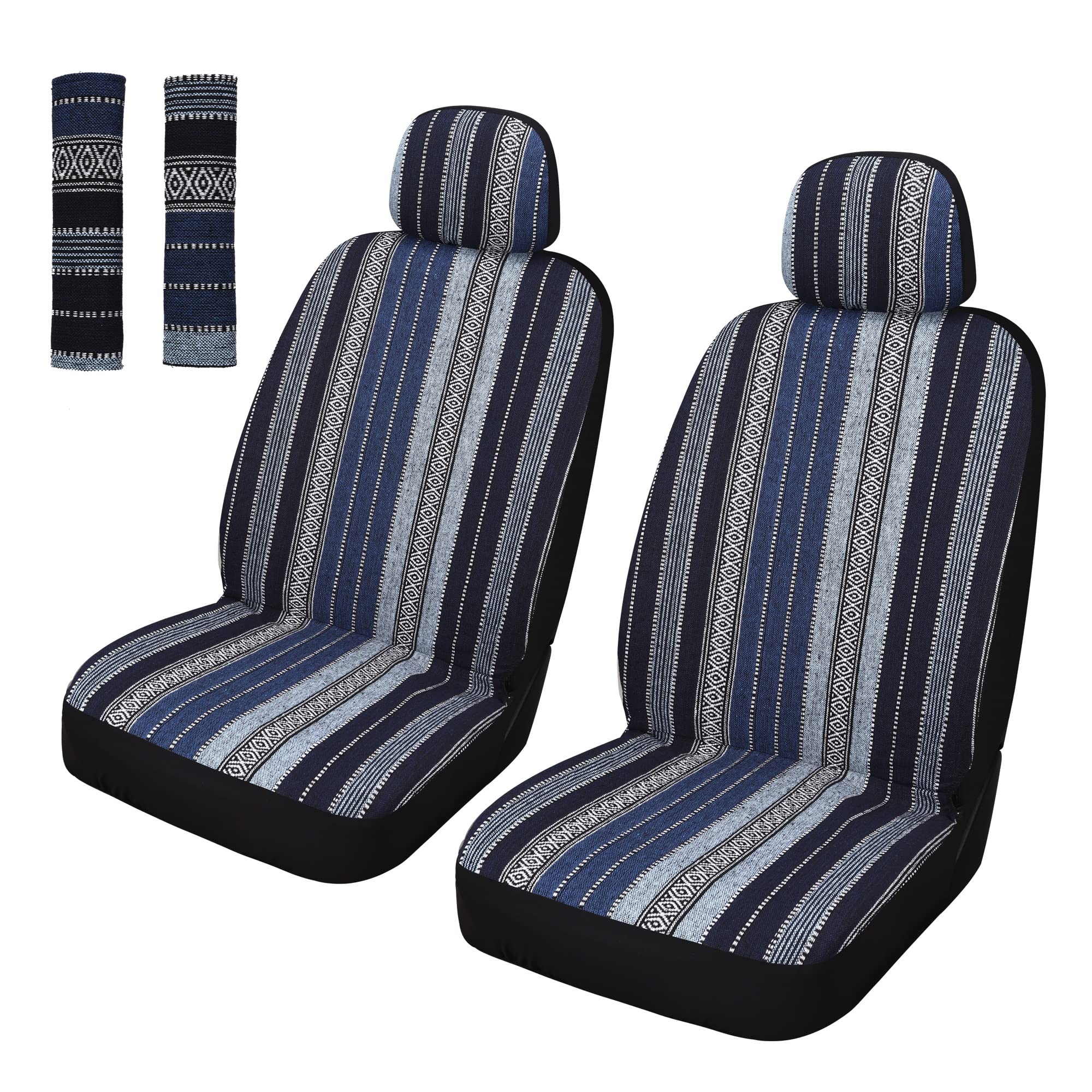 Pariitadin Baja Saddle Blanket Car Seat Covers Front Set With Seat Belt Pads, Washable Breathable Striped Woven Cloth Seat Cover