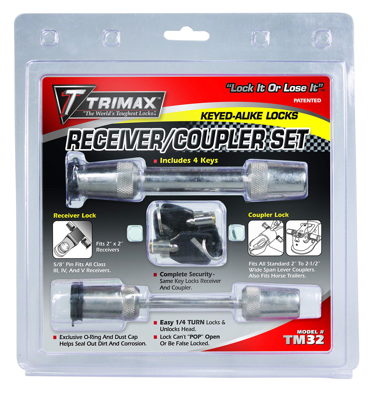 Trimax T3-5/8'' Receiver & Tc2-2-1/2'' Span Coupler Lock-Keyed Alike Set Tm32, Clam Packaging, Chrome