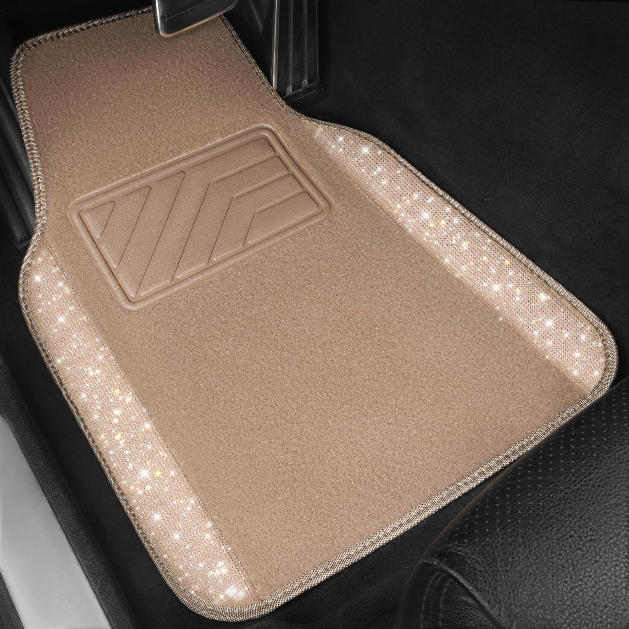 Car Pass Bling Car Mats Shining Diamond Carpet Crystal Rhinestones Sparkly Glitter Floor Mats With Anti-Slip Pvc Heel Pad Universal Fit For Automotive Suv, Sedan, Car, Van, 4Pcs For Girl Women, Beige