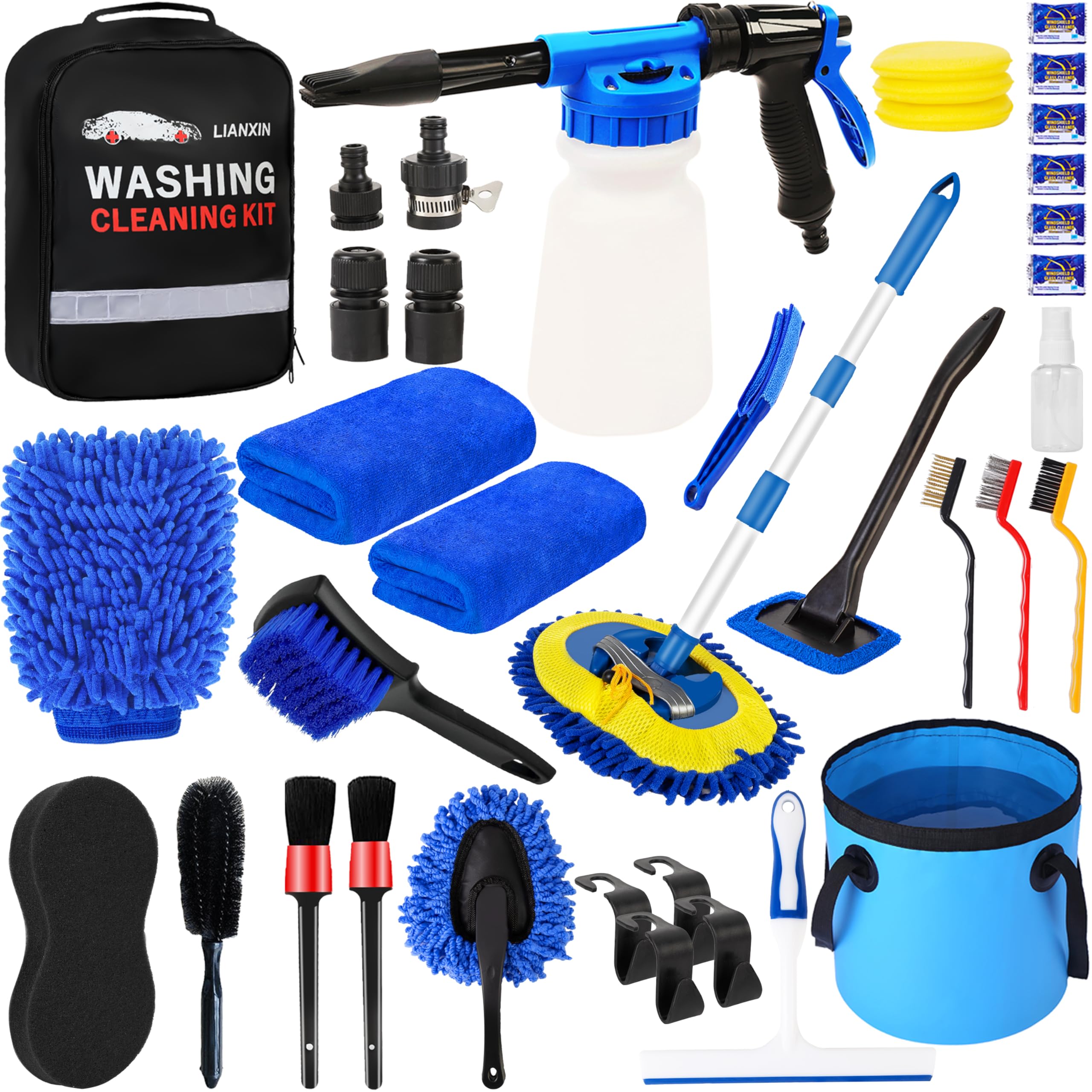 Lianxin 37Pcs Car Wash Detailing Kit Foam Gun Sprayer Long Handle Foldable Car Wash Brush Bucket Towels Tire Brush Wash Mitt Spo