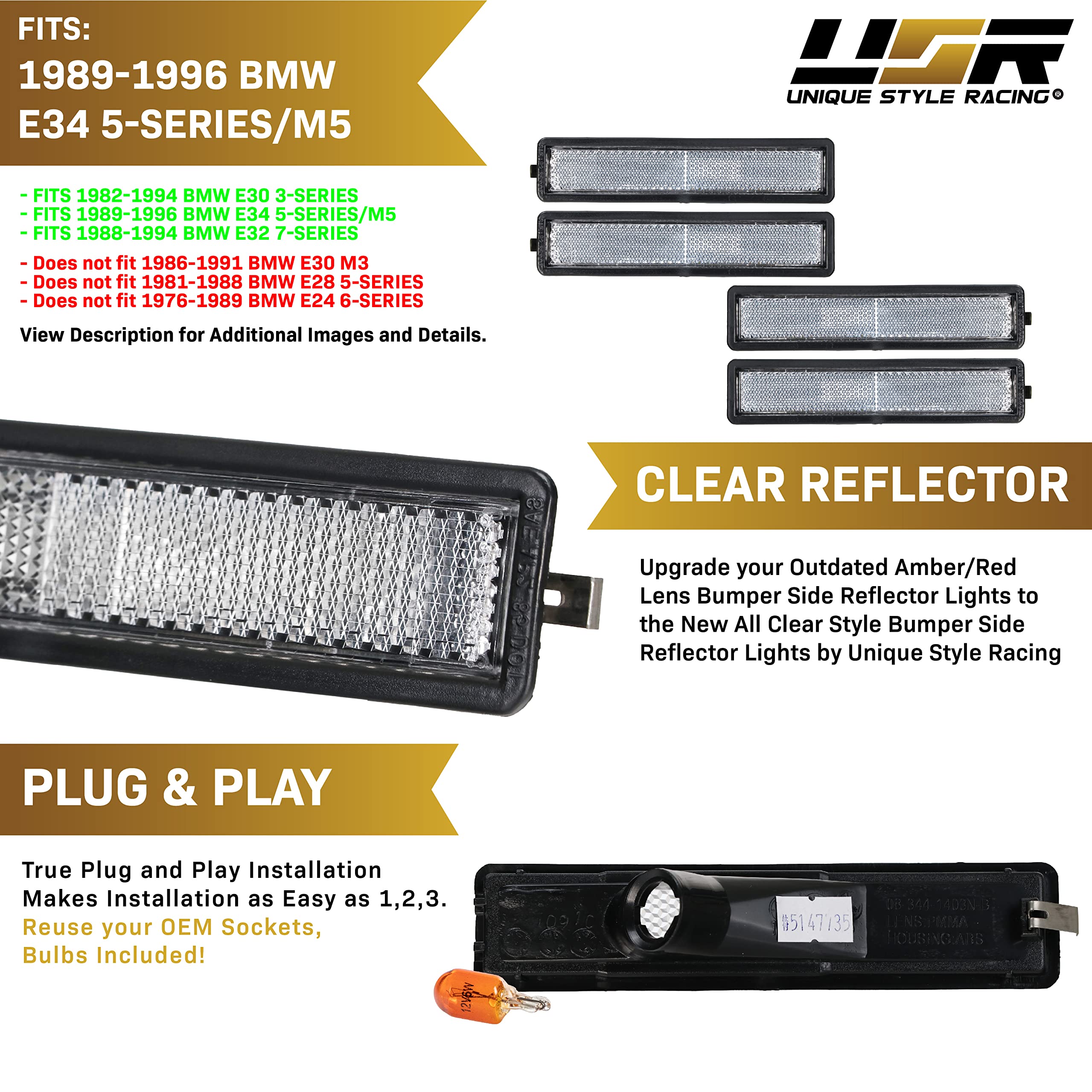 Depo E30 Side Marker Lights - Euro Clear Front And Rear Bumper Sidemarkers Lamps Compatible With 1984-1991 Bmw E30 3 Series / 88-94 E32 7 Series / 89-96 E34 5 Series (Clear Lens, 4 Pieces /Set)