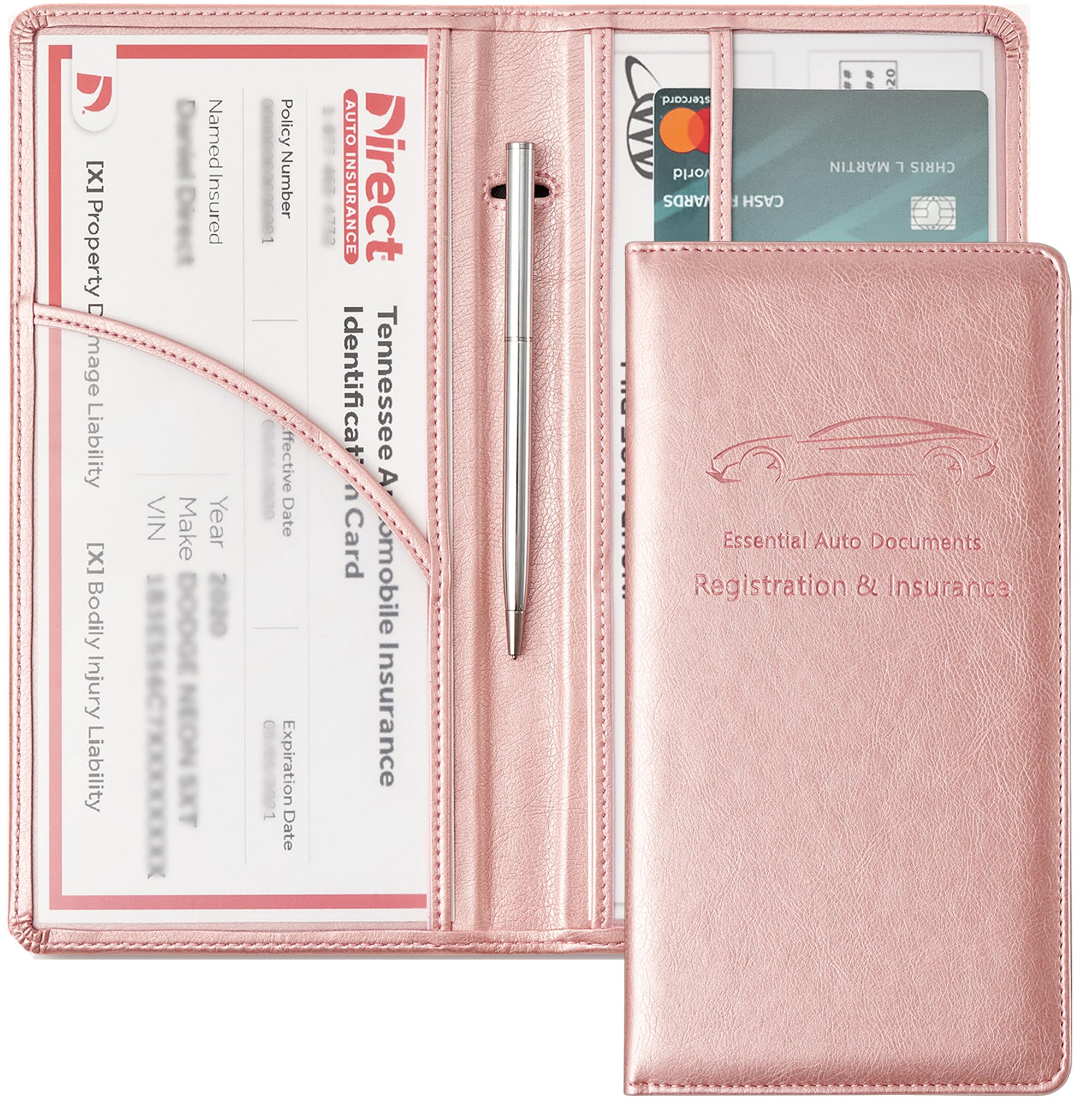 Yarnic Car Registration And Insurance Holder, Car Document Holder With Magnetic Closure, Car Accessories Wallet For Driver License, Cards And Other Essential Documents (Rose Gold)