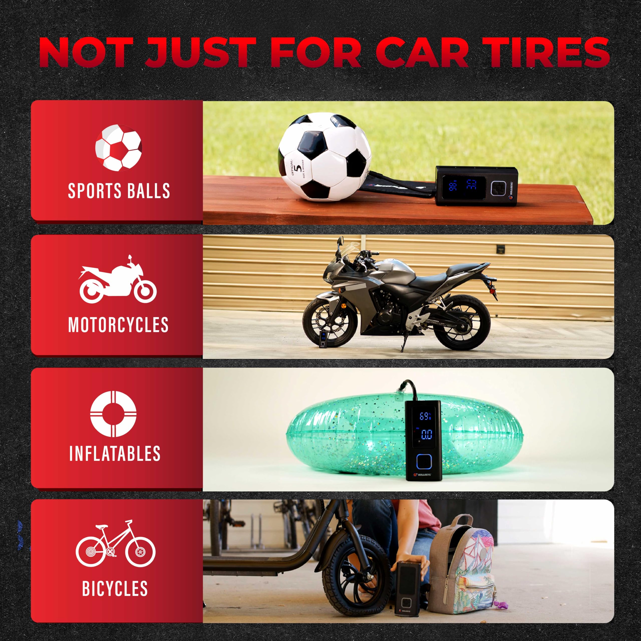 Pocket Air Tire Inflator Portable Air Compressor By Bullseye Pro For Tires, Balls, Bike With Persta Valve, Auto Shut Off, Inflat