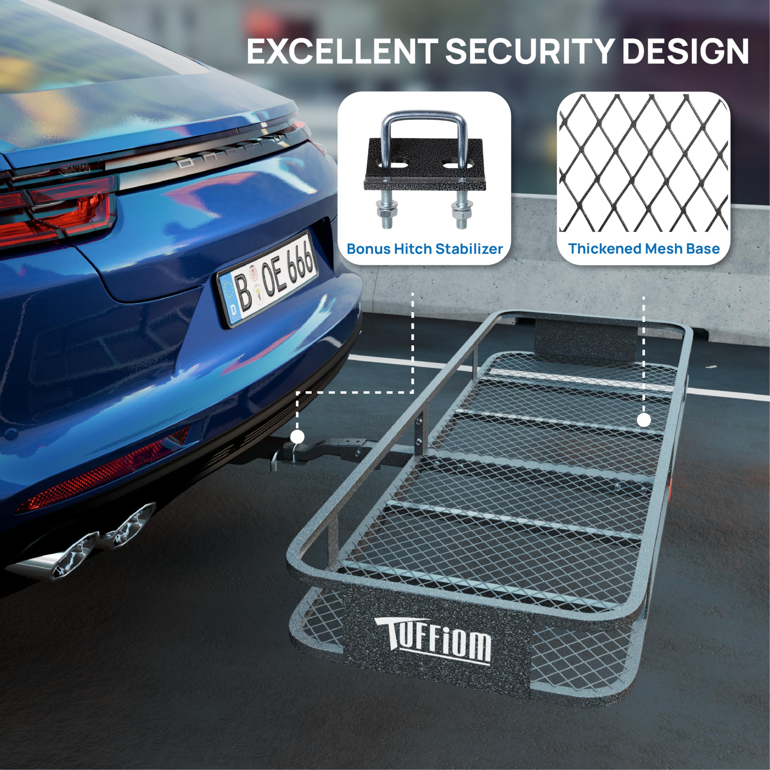 Tuffiom 60''X20''X6'' Folding Hitch Mount Cargo Carrier Basket, 500Lbs Steel Car Cargo Trailer Hitch Luggage Rack With Net, Wate