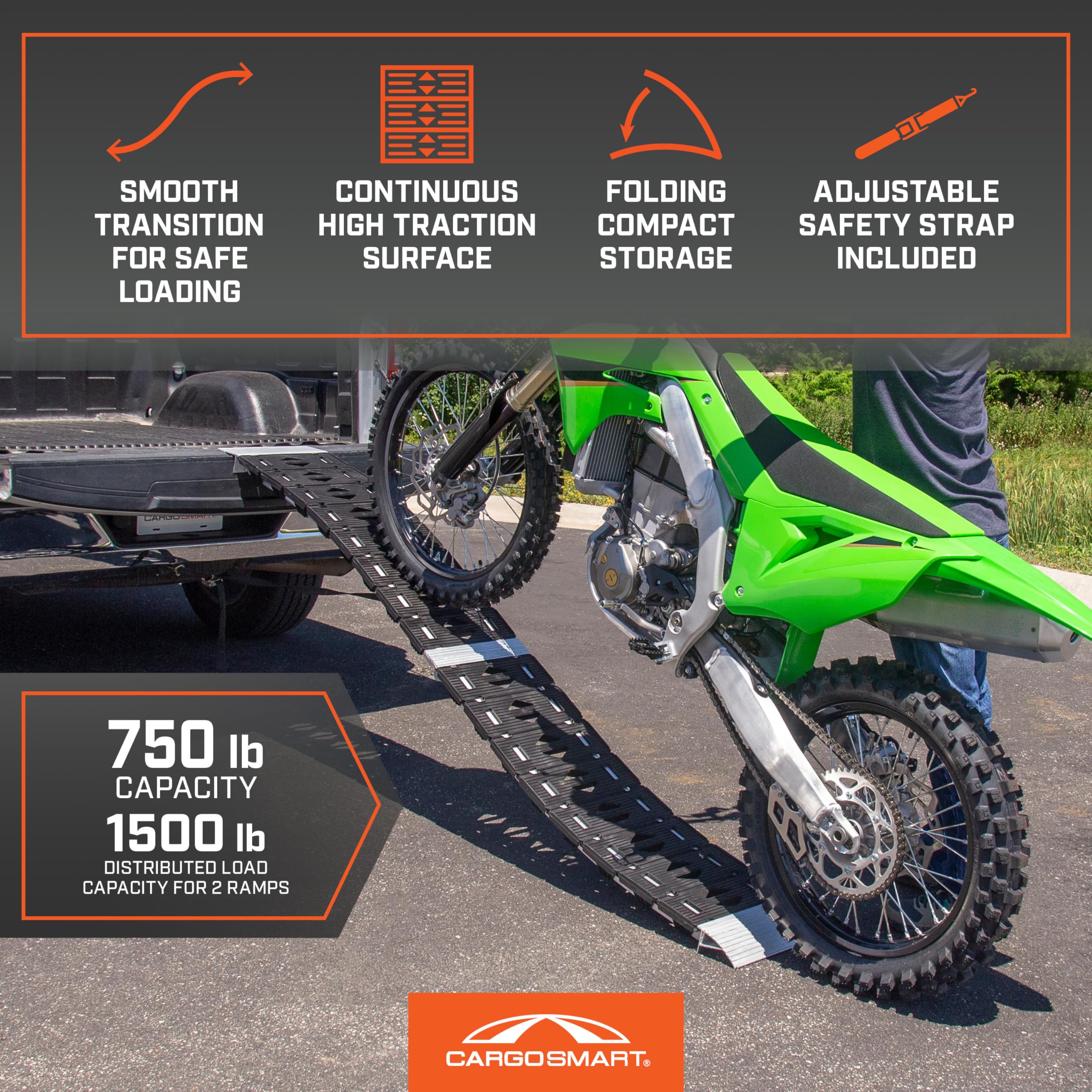 Cargosmart 3086, Hybrid S-Curve Centerfold Ramp, For Use Easily And Safely Loading & Unloading Lawn Equipment, Motorcycles, Atvs