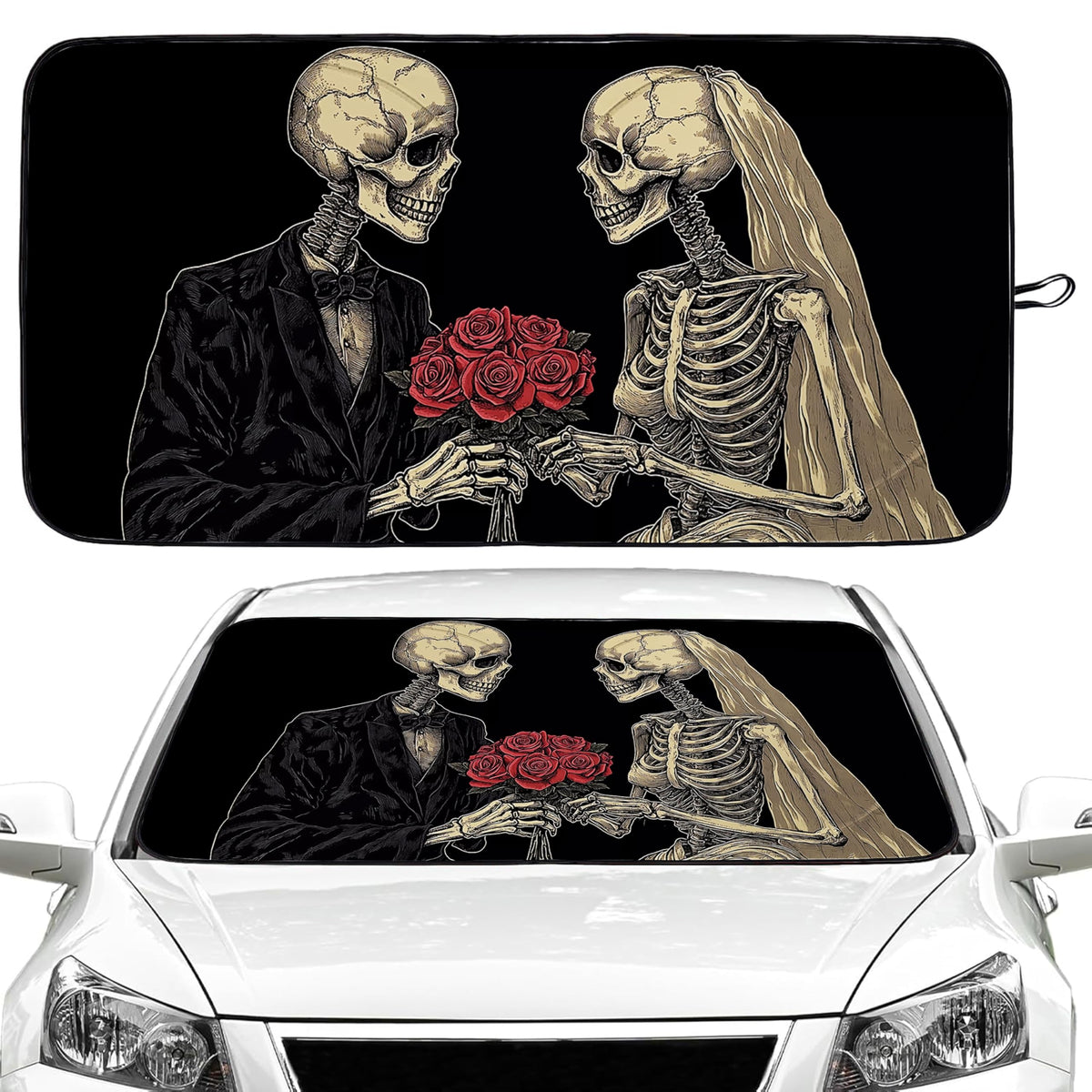 Couple Skull Car Windshield Sun Shade Foldable Sunshade Front Window Cover Sun Visor Protector Accessories for Truck SUV (59x27.