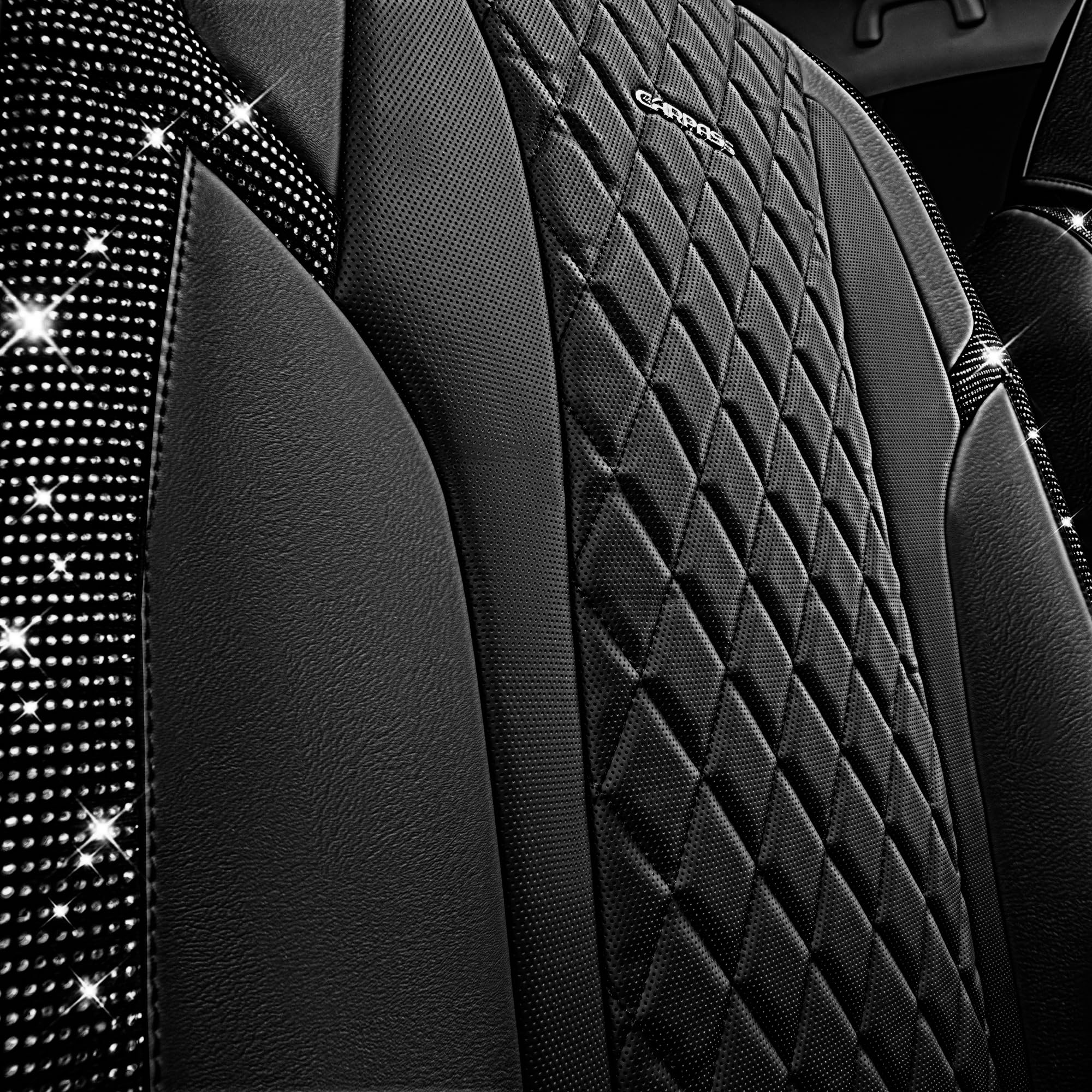 Car Pass Black Diamond Nappa Leather Cushioned 1 Pair Bling Seat Covers Front Only,Waterproof Heavy-Duty Anti-Slip,Universal Fit