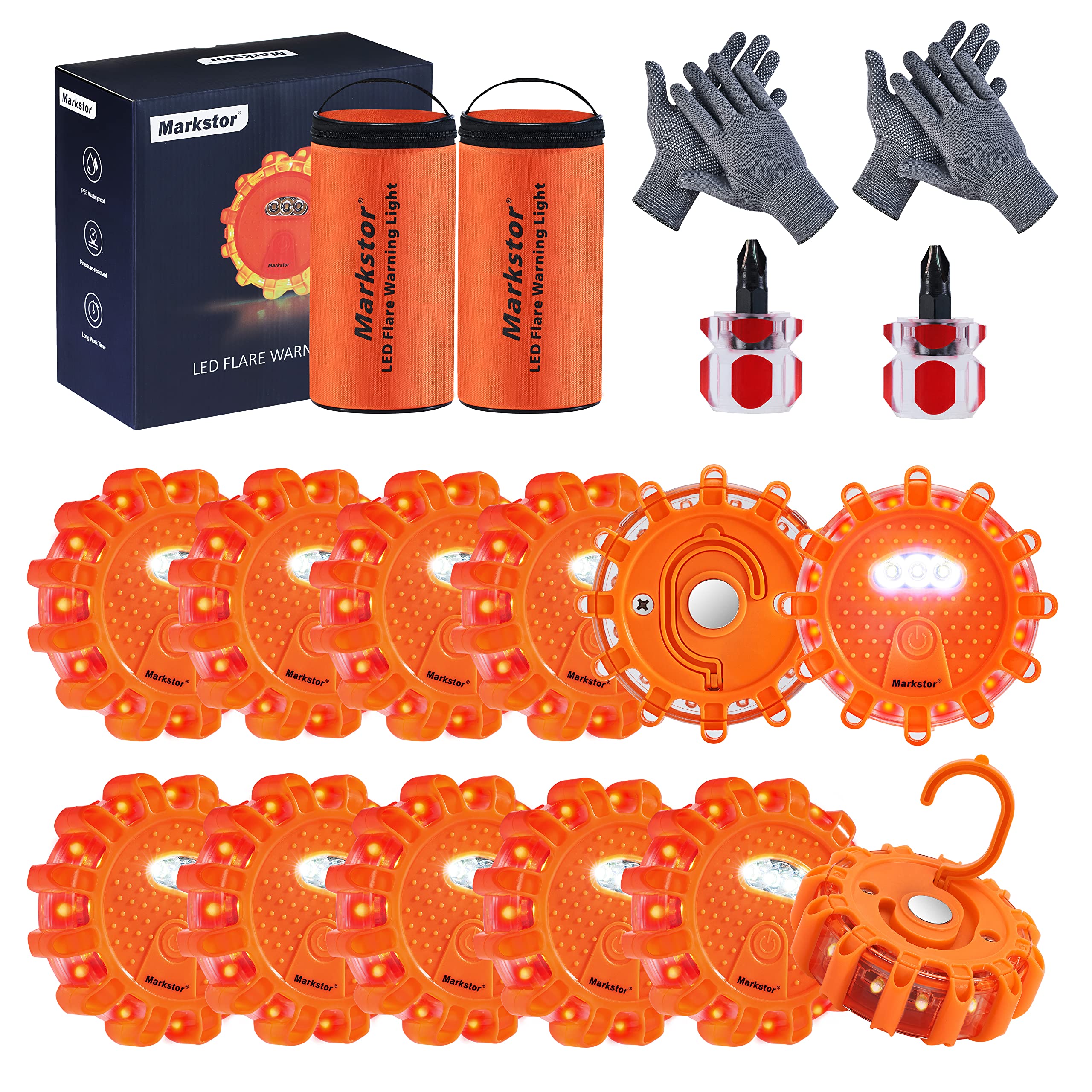 Markstor 12 Pack Of Led Road Flares Waterproof Road Emergency Lights Beacon Kit For Cars Truck Boats With Hook, Amber Led Flares Warning Roadside Lights Disc (Battery Not Included)