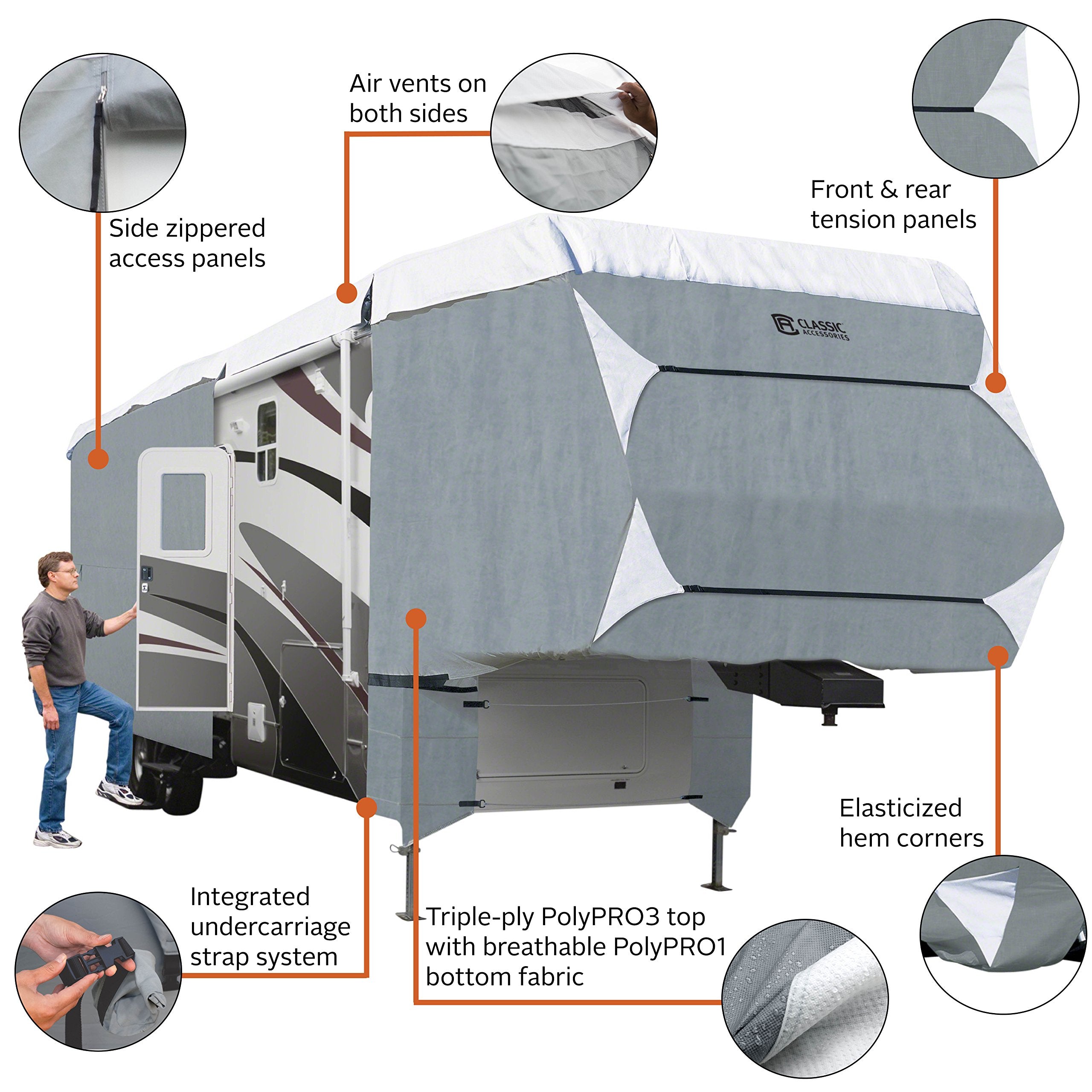 Classic Accessories Over Drive Polypro 3 Deluxe Extra Tall 5Th Wheel Cover Or Toy Hauler Cover, Fits 37' - 41' Rvs, Rv Cover, Camper Cover, Travel Trailer Cover