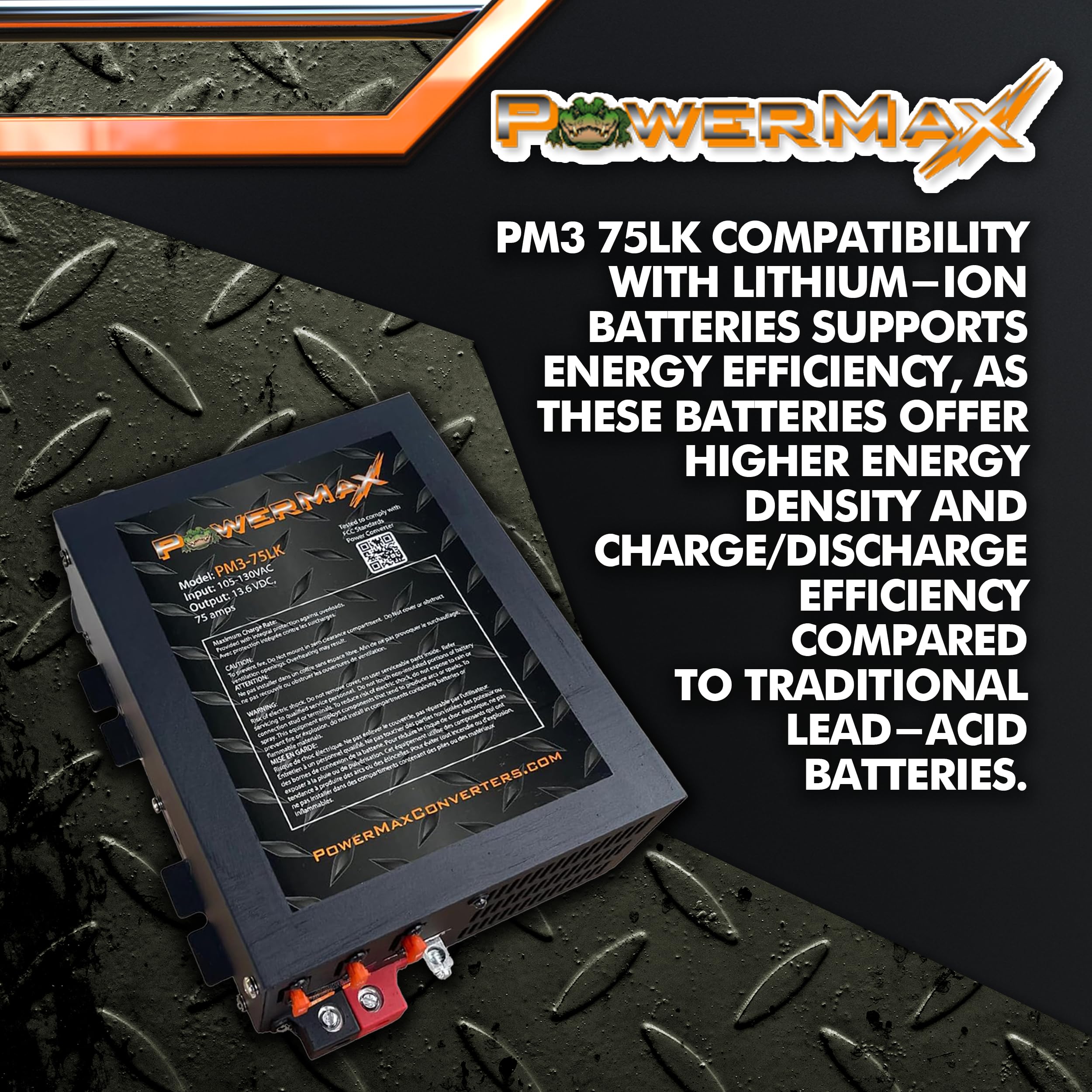 Powermax Pm3 75Lk Rv Power Converter - 12 Volt 75 Amp With 3 Stage Smart Charging Mode, Lithium Compatible