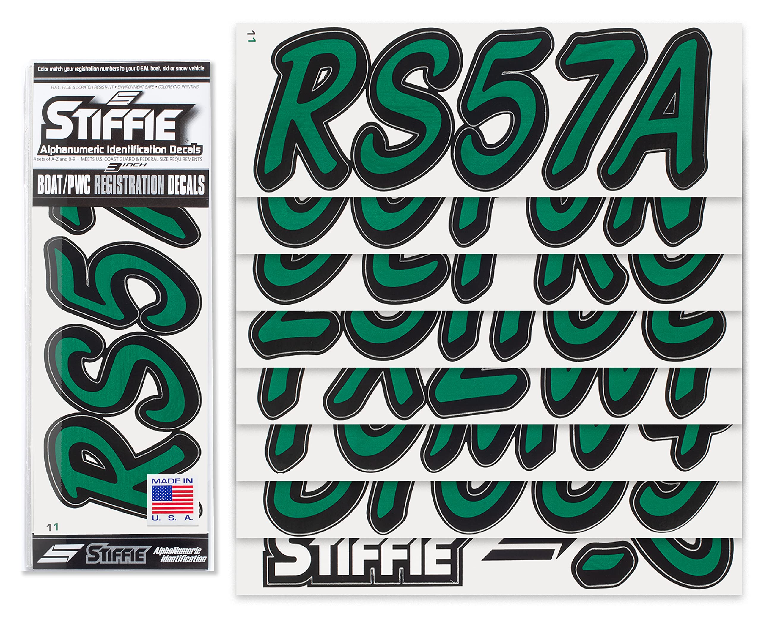 Stiffie Whipline Solid Racing Green/Black 3'' Alpha-Numeric Registration Identification Numbers Stickers Decals For Boats & Pers