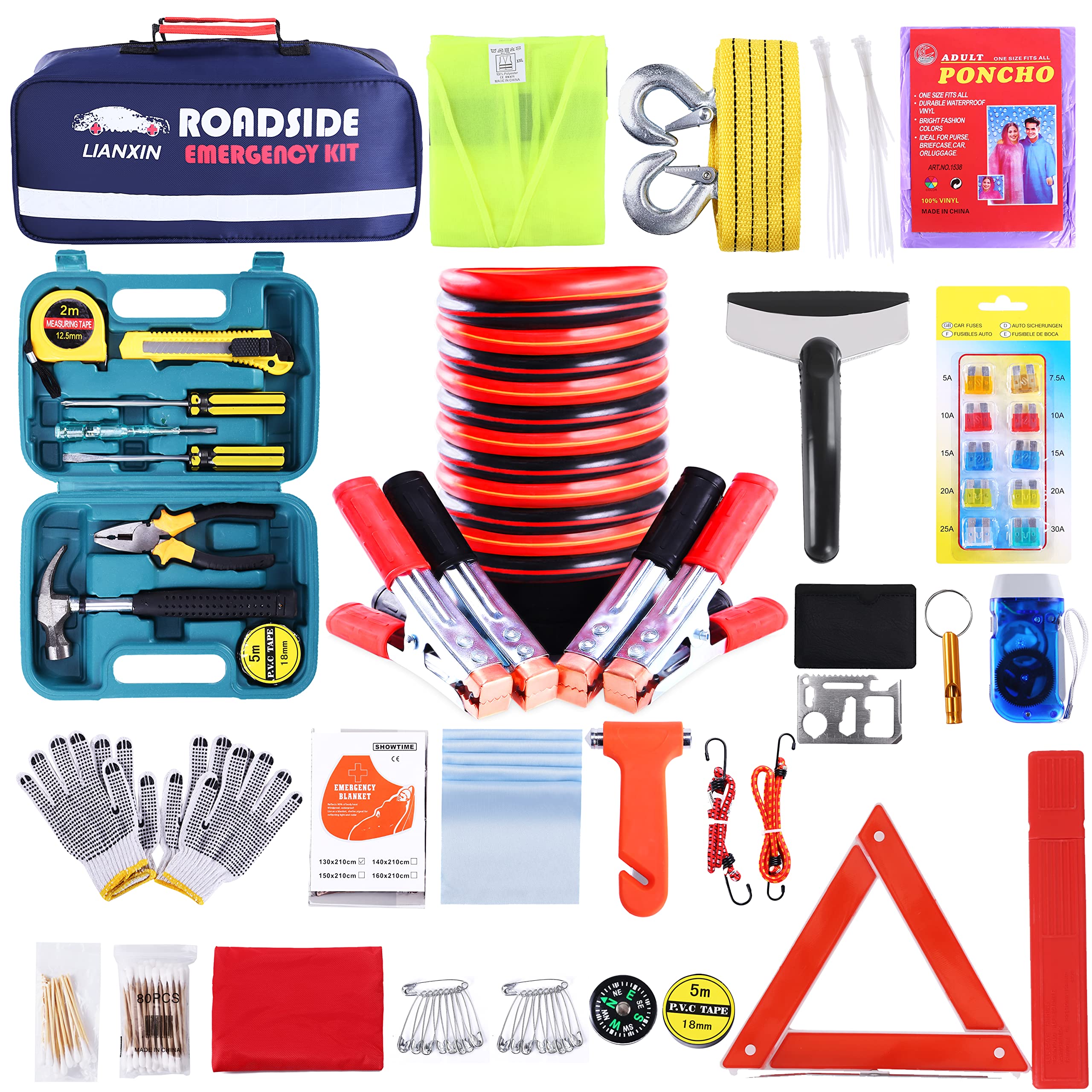 Lianxin Roadside Assistance Emergency Kit - Car Emergency Kit With Jumper Cables (Upgraded) Emergency Roadside Kit For Car 142 P