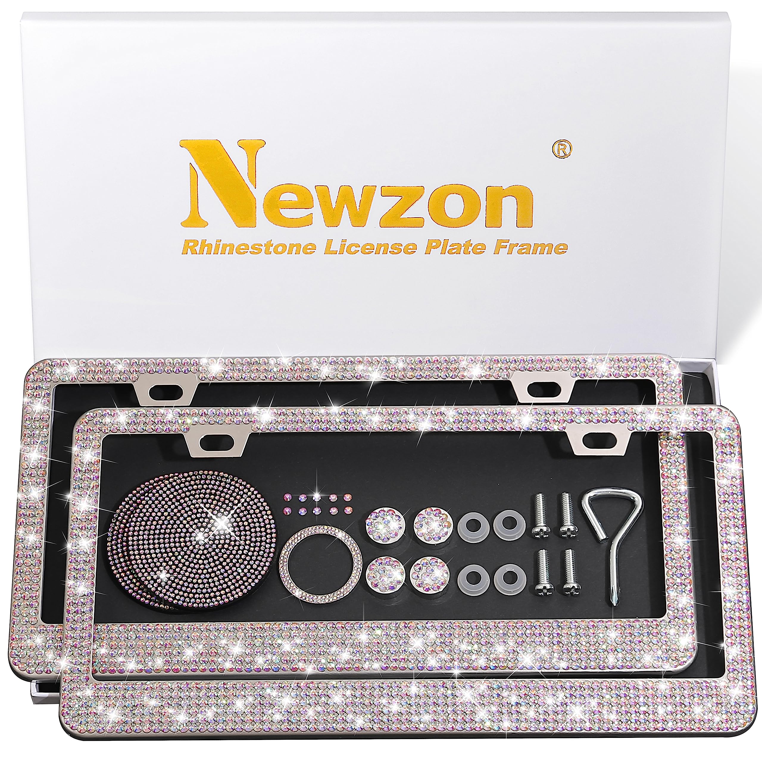 Newzon Ab Bedazzled Crystal Car License Plate Cover 2 Pieces, Color Bling License Plate Frames With High End Ribbon Gift Box, Di