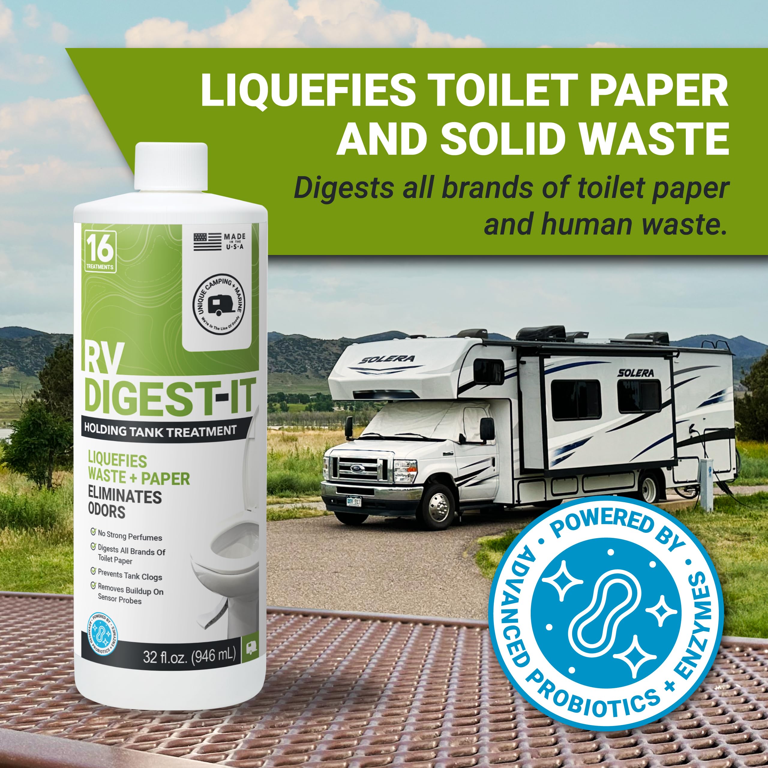 Unique Rv Digest-It Classic Rv Toilet Treatment - Eliminates Odors At The Source And Liquifies Waste - 16 Uses Per Bottle 32 Oz