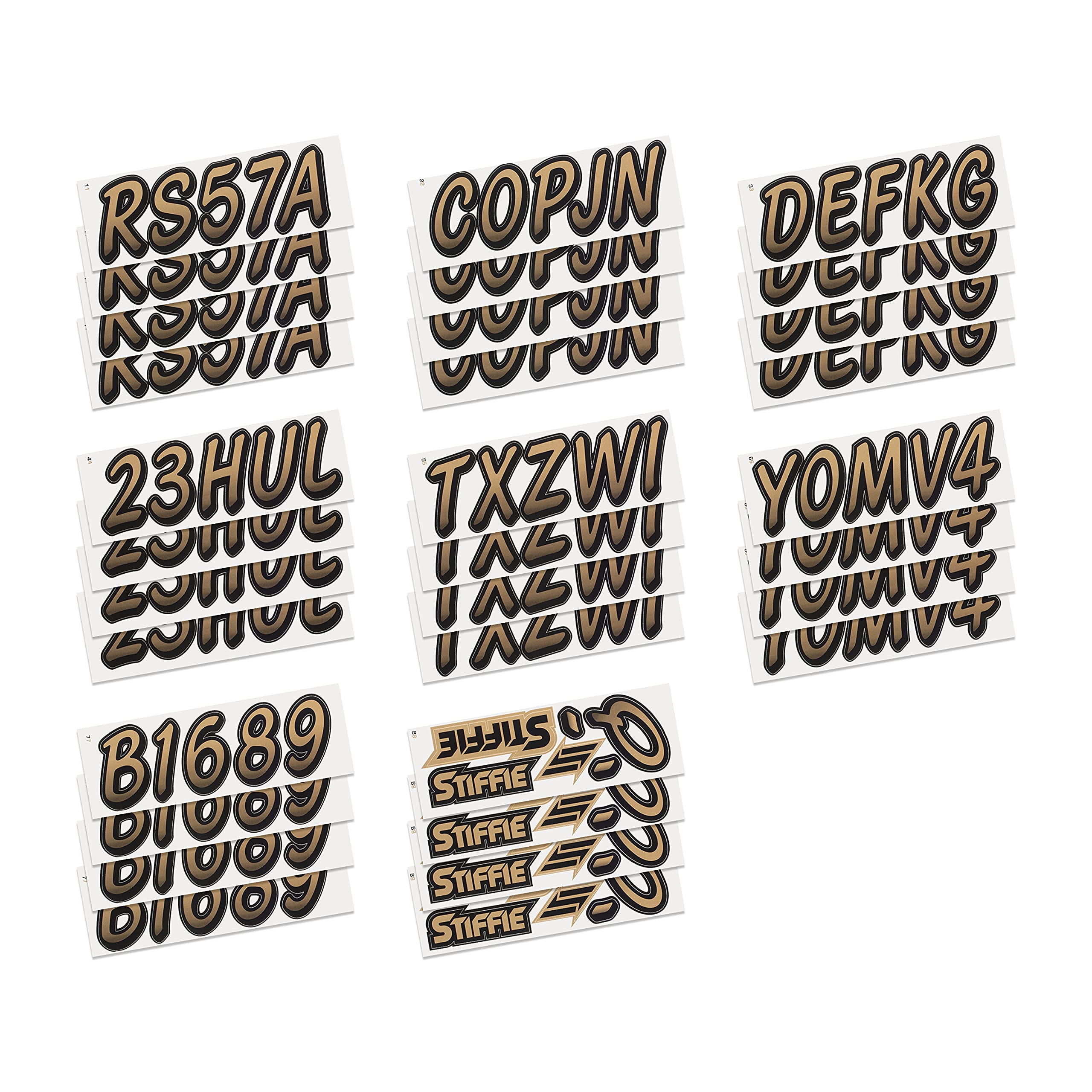 Stiffie Whipline Metallic Gold/Black 3 Alpha-Numeric Registration Identification Numbers Stickers Decals For Boats & Personal Watercraft