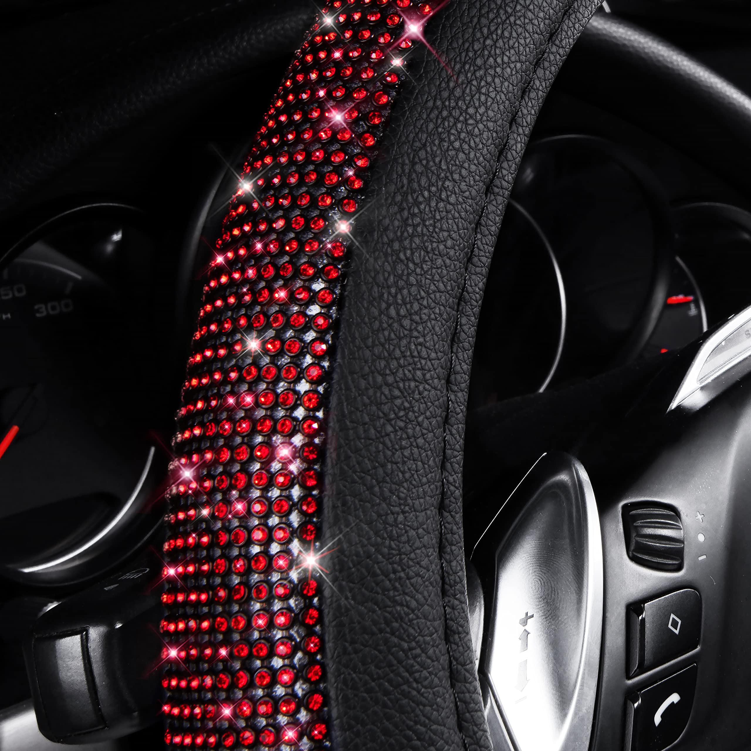 Car Pass Red Diamond Black Leather Steering Wheel Cover, With Bling Crystal Rhinestones Universal Fit 14'' 1/2-15'' Crystal Glit