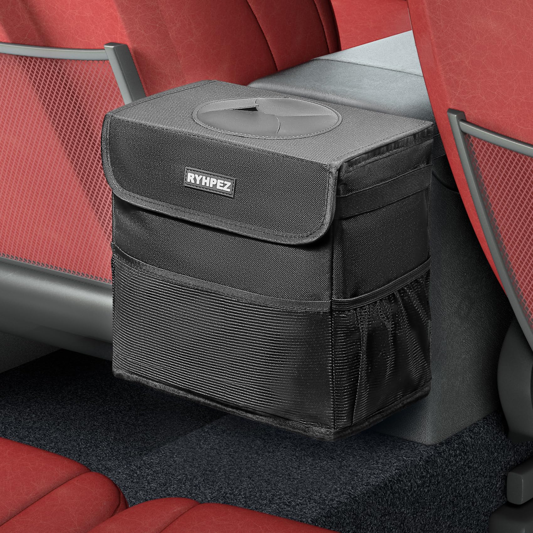 Ryhpez Car Trash Can With Lid - Car Trash Bag Hanging With Storage Pockets Collapsible And Portable Car Garbage Can With Metal R