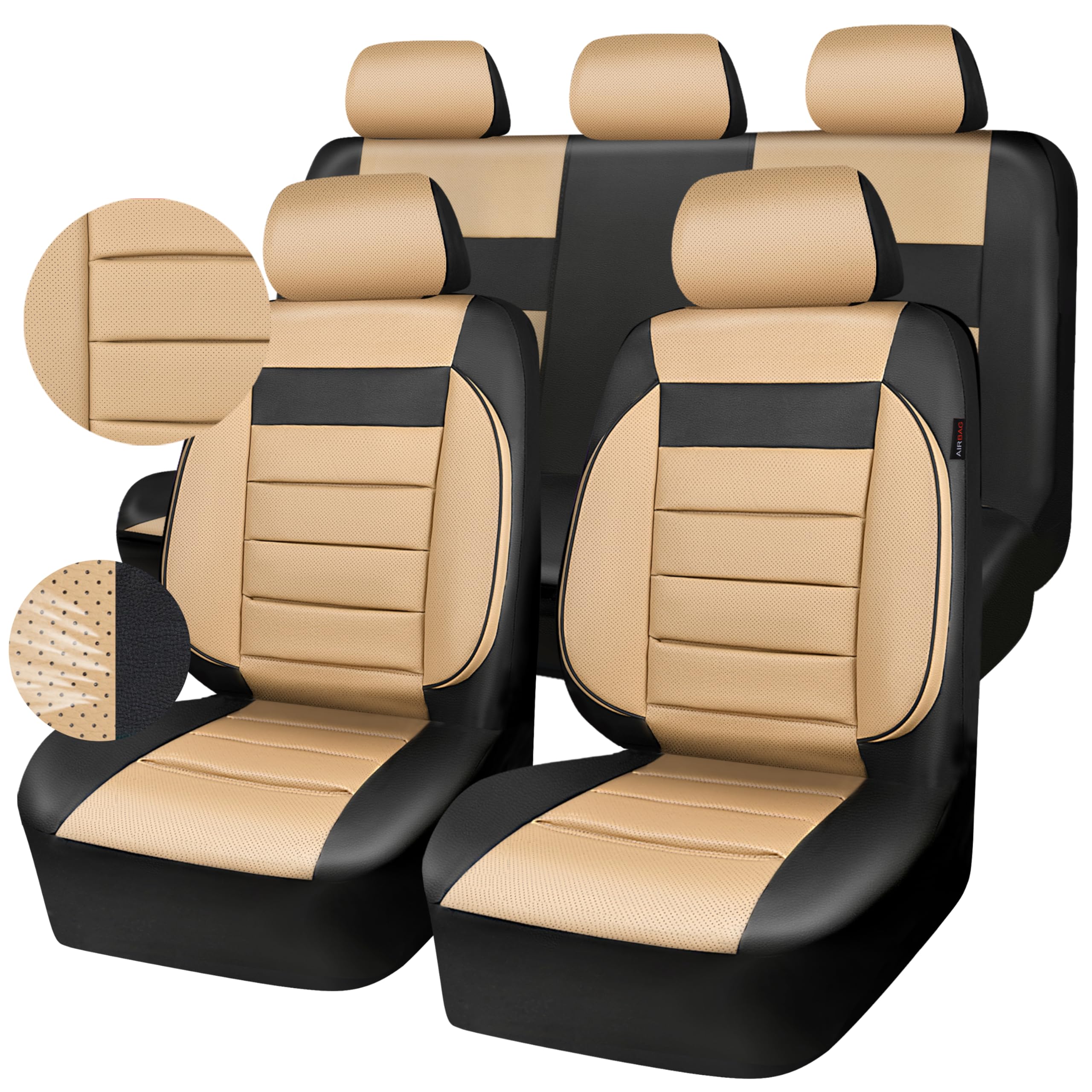 CAR PASS Leather Seat Covers Full Set Universal Water Resistant 3D Foam Back Support, Luxury Comfort Automotive 5 Seat Covers Al