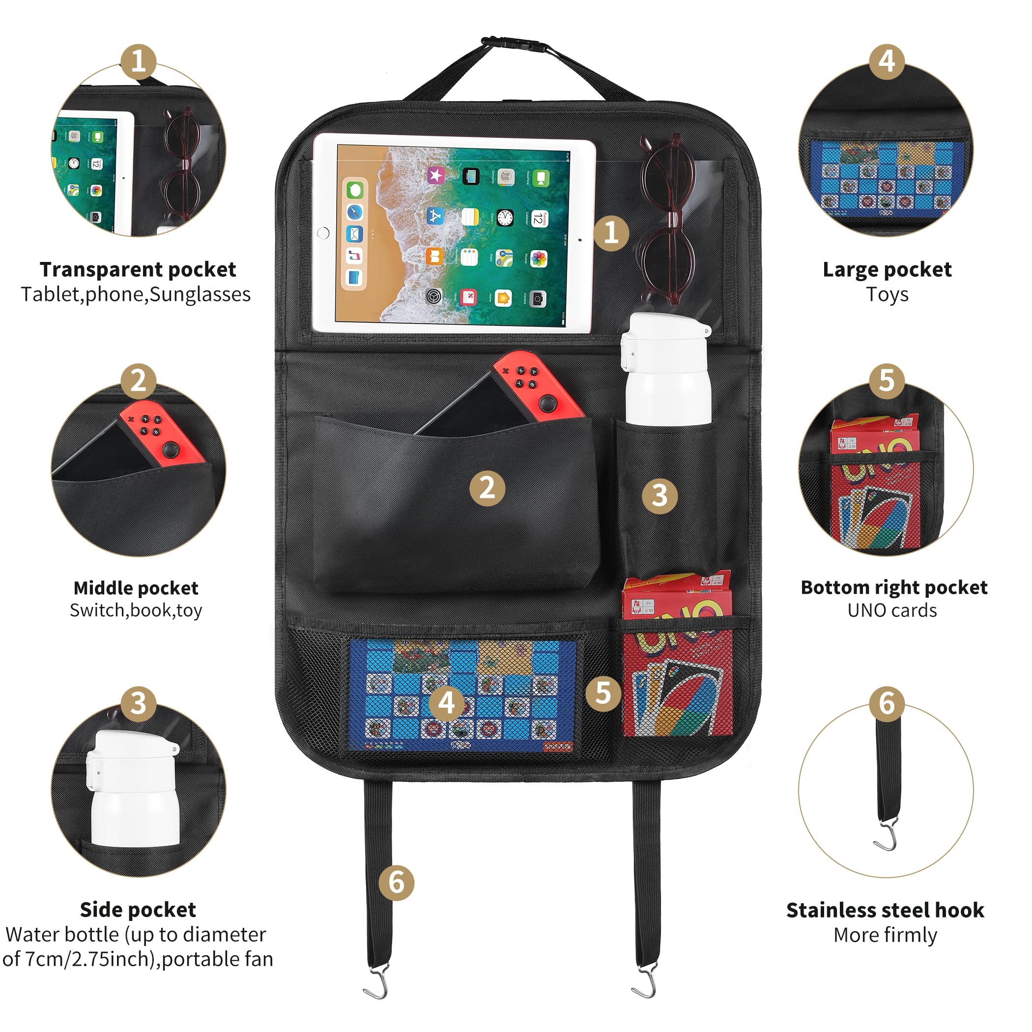 Lucmo Car Backseat Organizer With Tablet Holder,6 Storage Pockets Car Storage Organizer With Foldable Food Tray,Car Seat Back Protectors Kick Mats Travel Accessories-Black