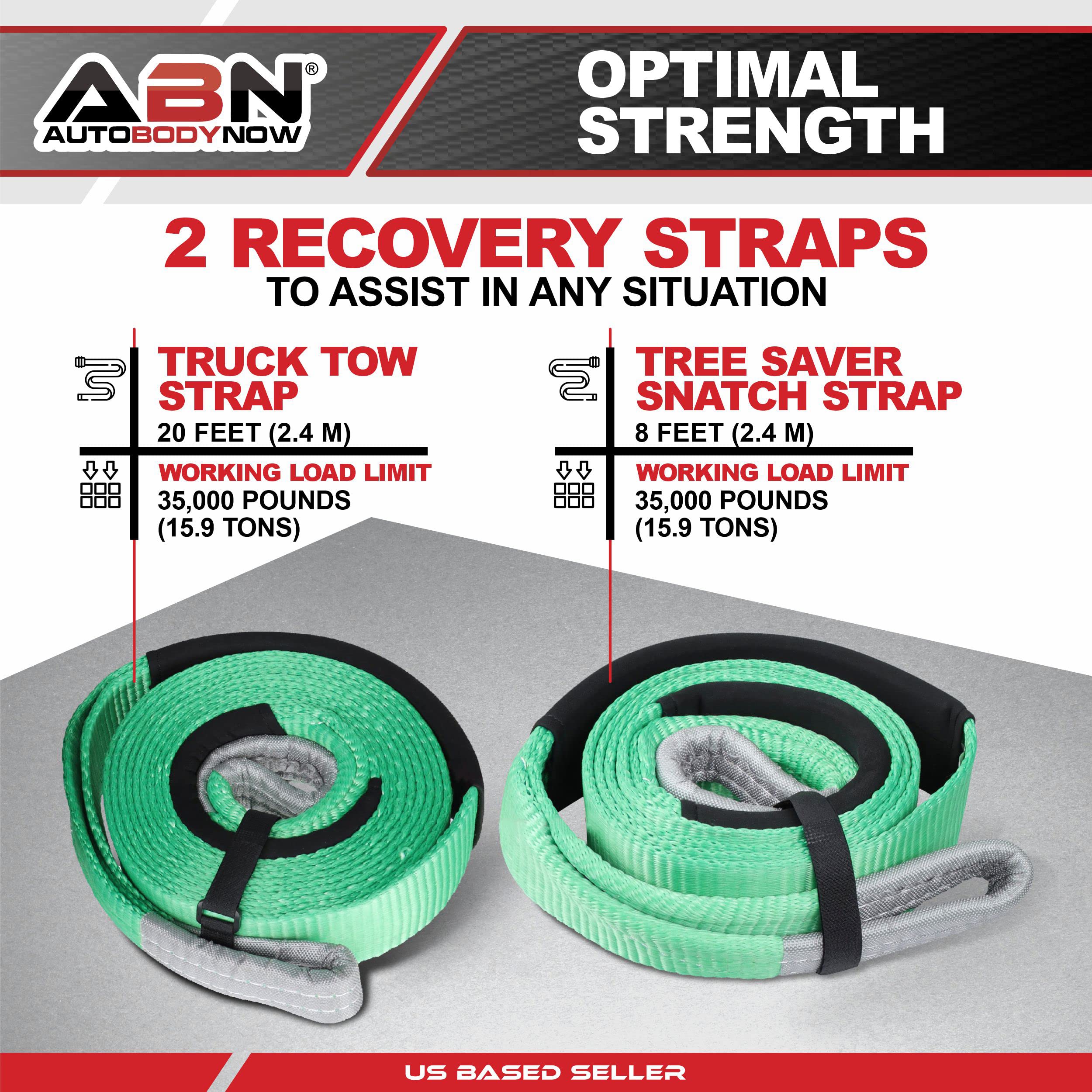 Abn Utv Tow Strap Recovery Kit - 35,000Lbs Working Load Limit Heavy Duty Tow Straps, Offroad Tree Saver Straps, Snatch Block, Pu